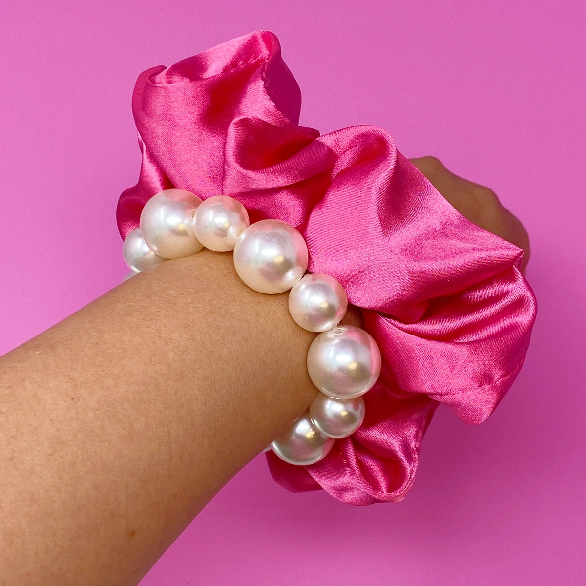 Pearl & Satin Scrunchie Set: Jeweled Pink