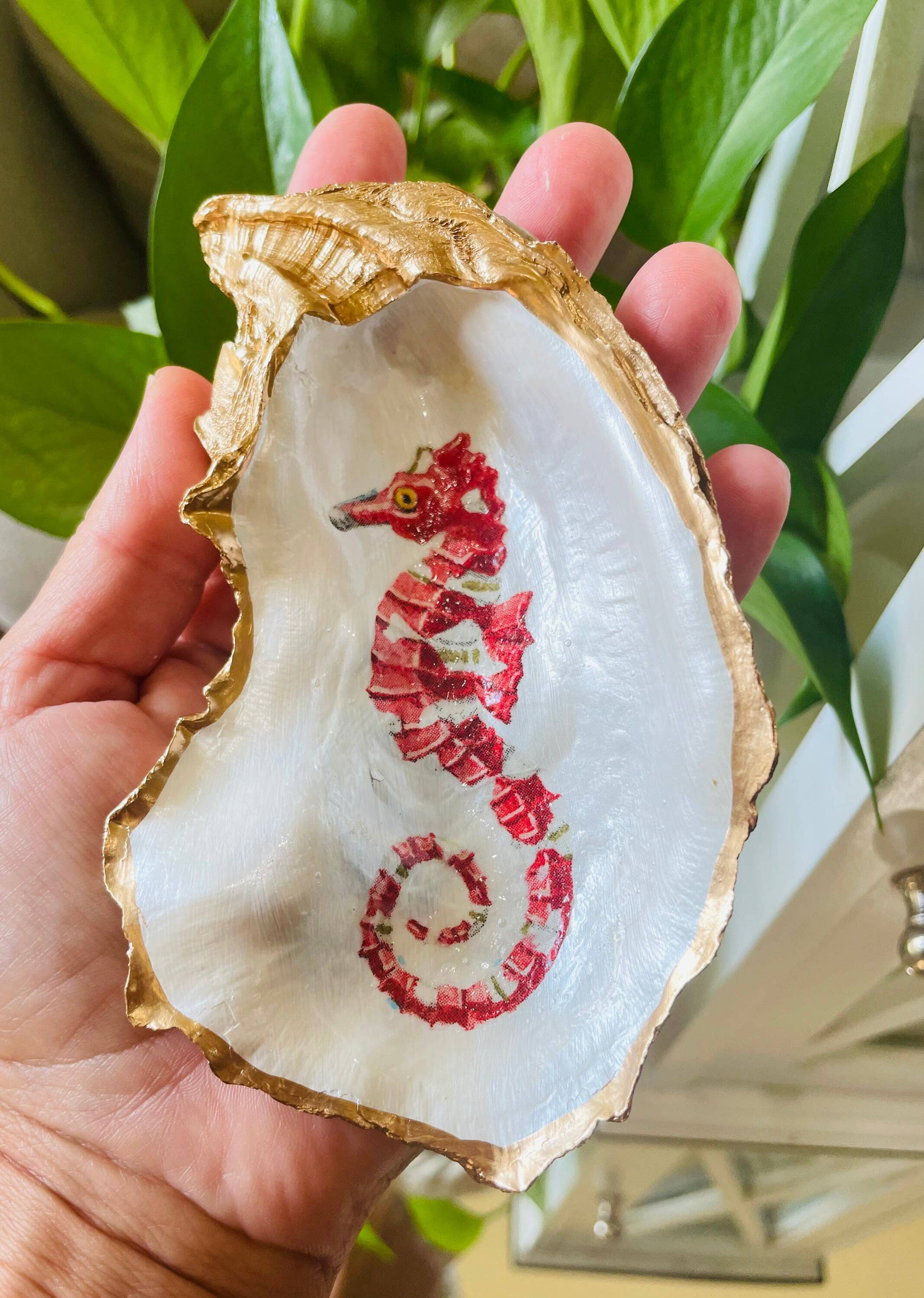 Oyster Shell trinket Dish, Seahorse Oyster Trinket Dish: Red