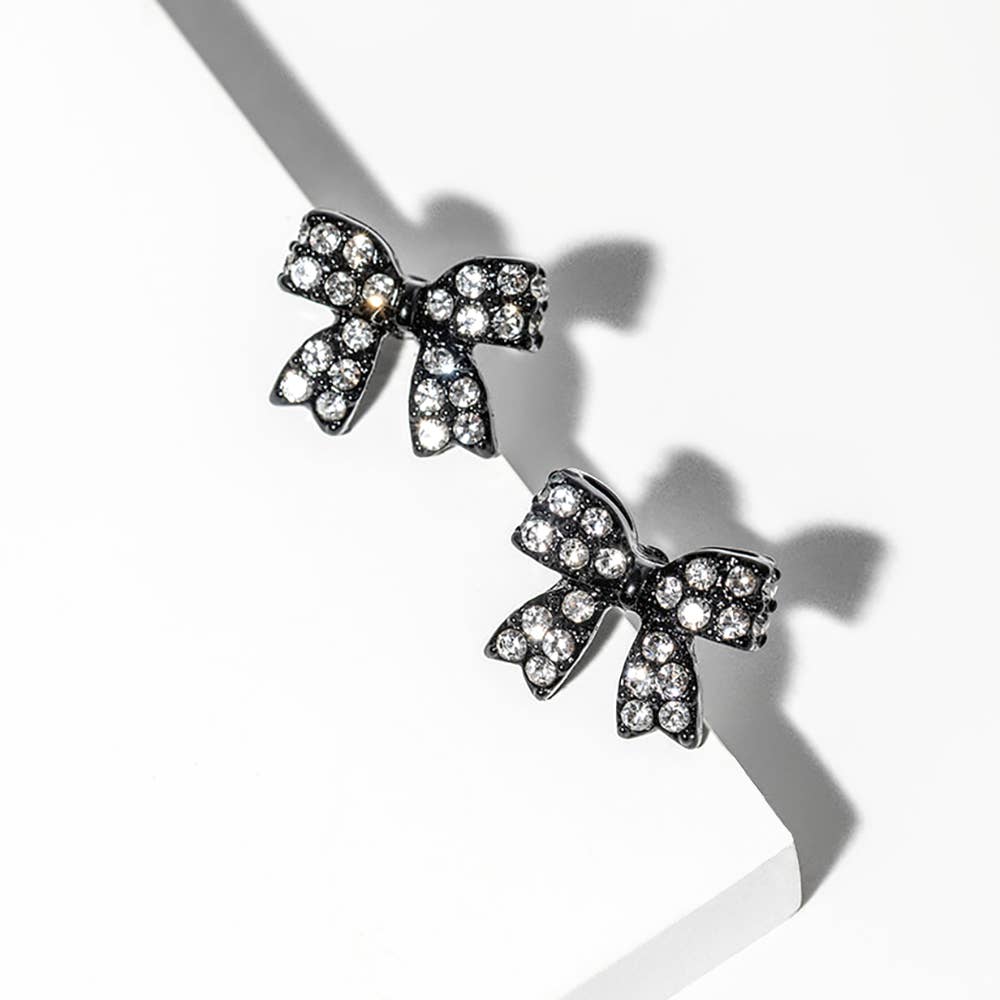 Crystal Rhinestone Bow Stud Earrings: Jet Black