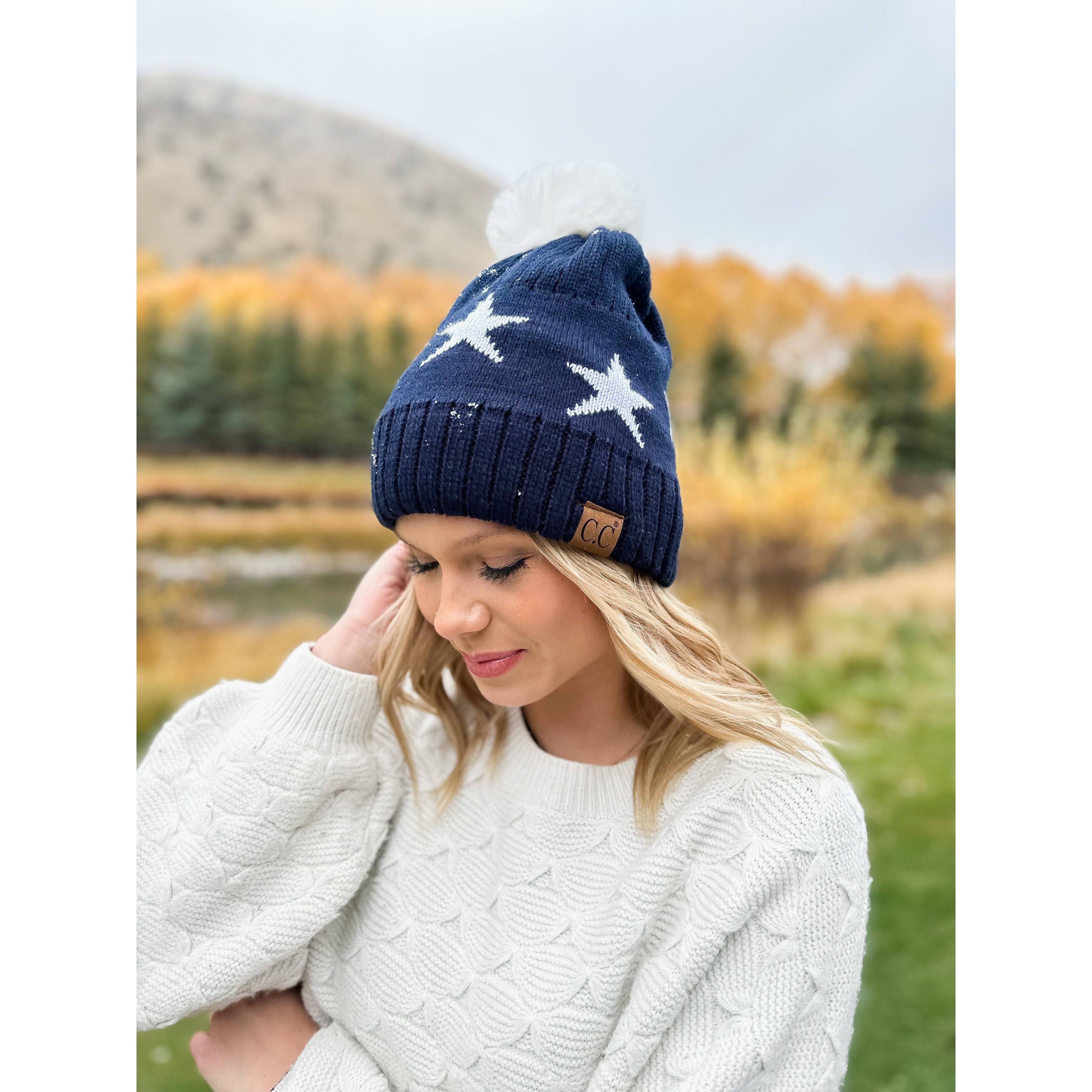 Star Print Pom C.C Beanie HAT4023: White