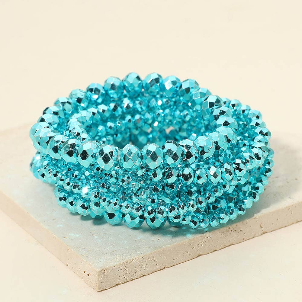9PCS - Faceted Beaded Stretch Multi Layered Bracelets: Aqua
