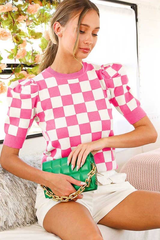 Crew Neck Short Puff Sleeve Checkerboard Sweater Top VT81345: RUST / L