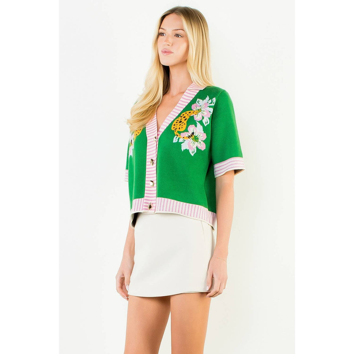 THML Button Up Collared Tiger Print Cardigan: GREEN
