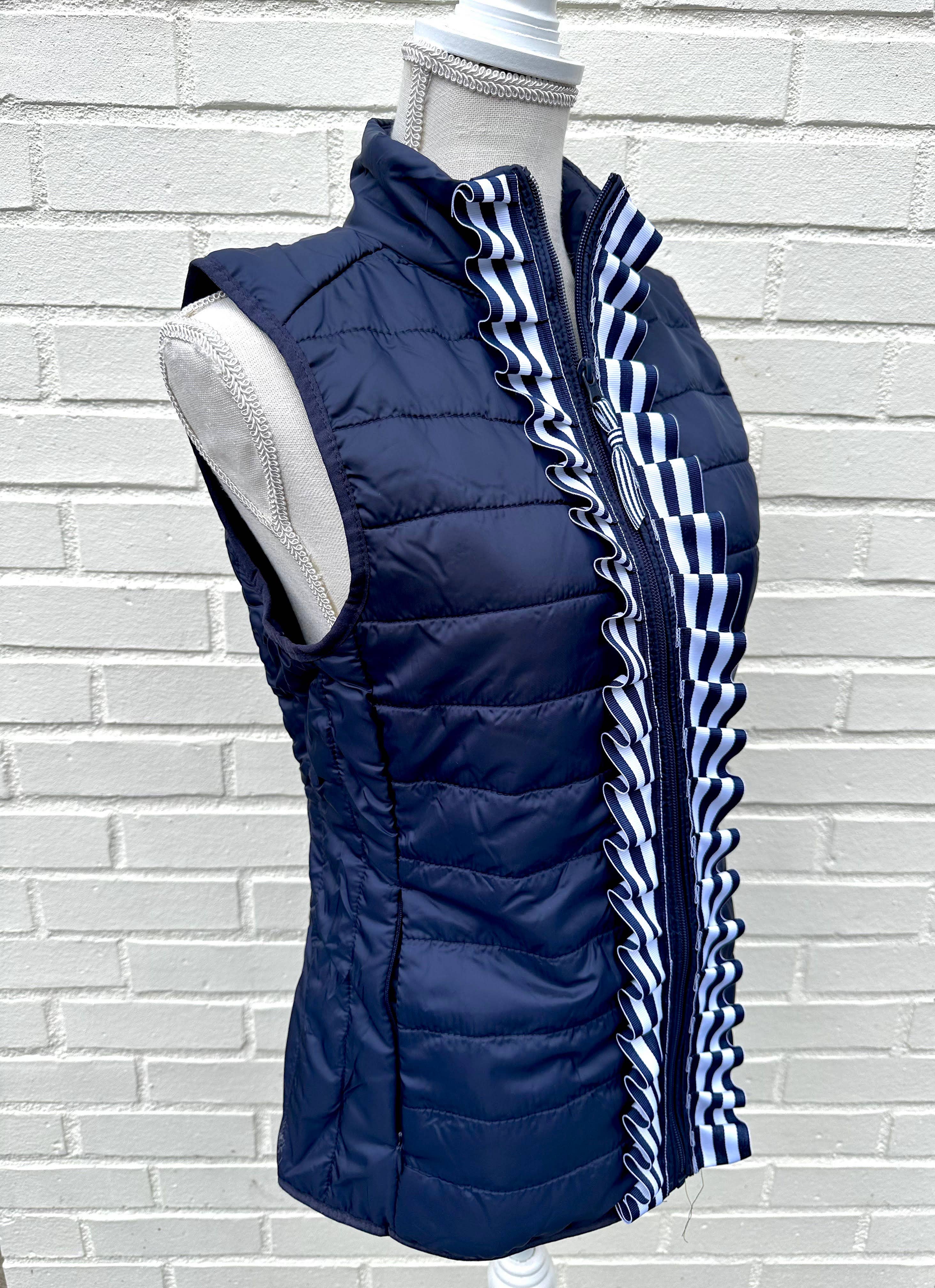 Maggie May Ruffle Puffer Vest - Navy w Navy & White Ribbon: Navy w Navy White Stripe Ruffle Ribbon / M