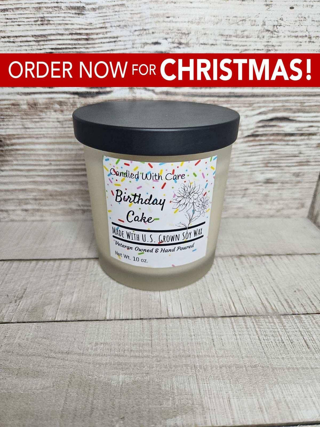 Natural Soy Wax Birthday Cake Candle with Wood Wick: 12.5 oz.