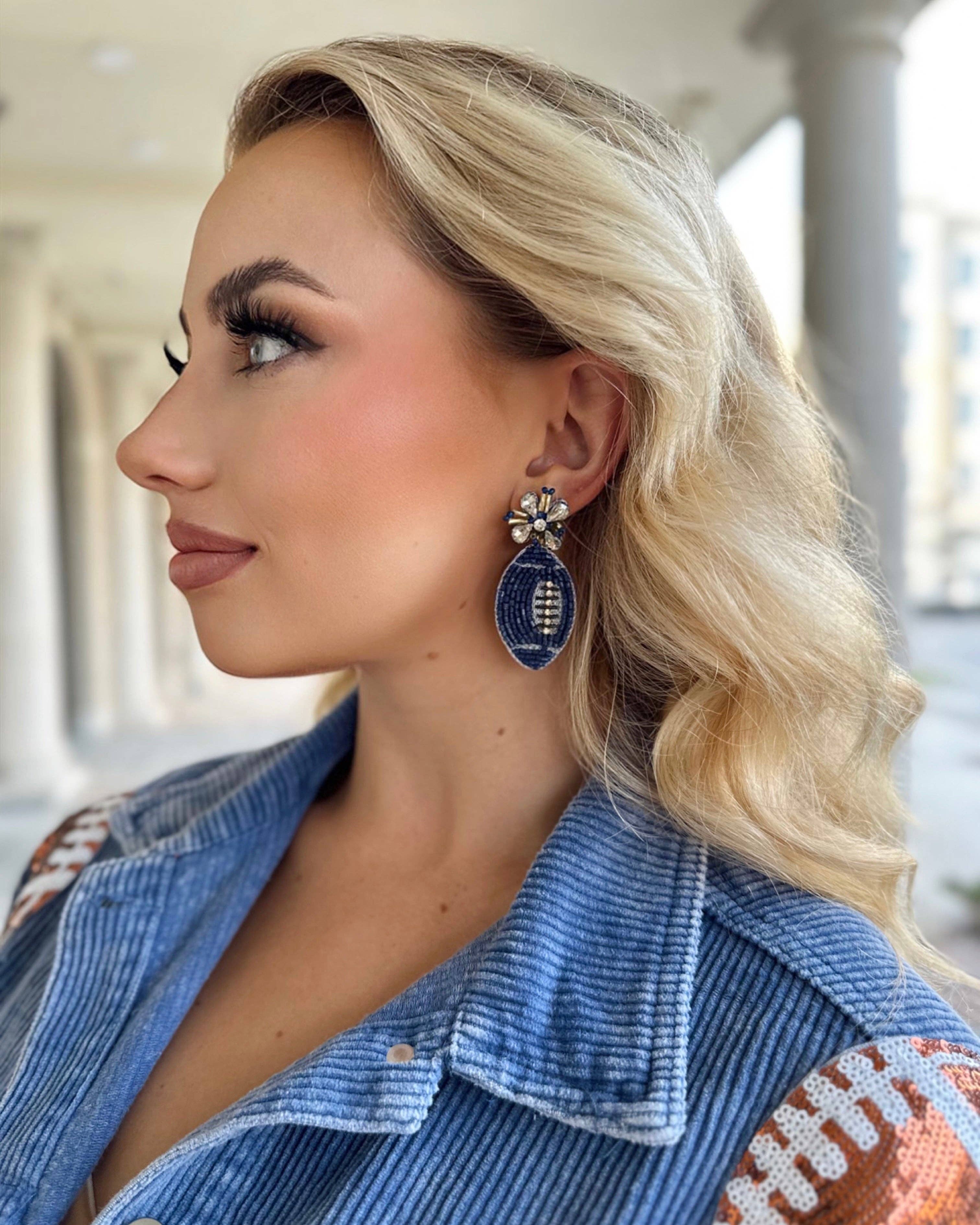Navy/Silver Beaded Football Earrings- Cowboys