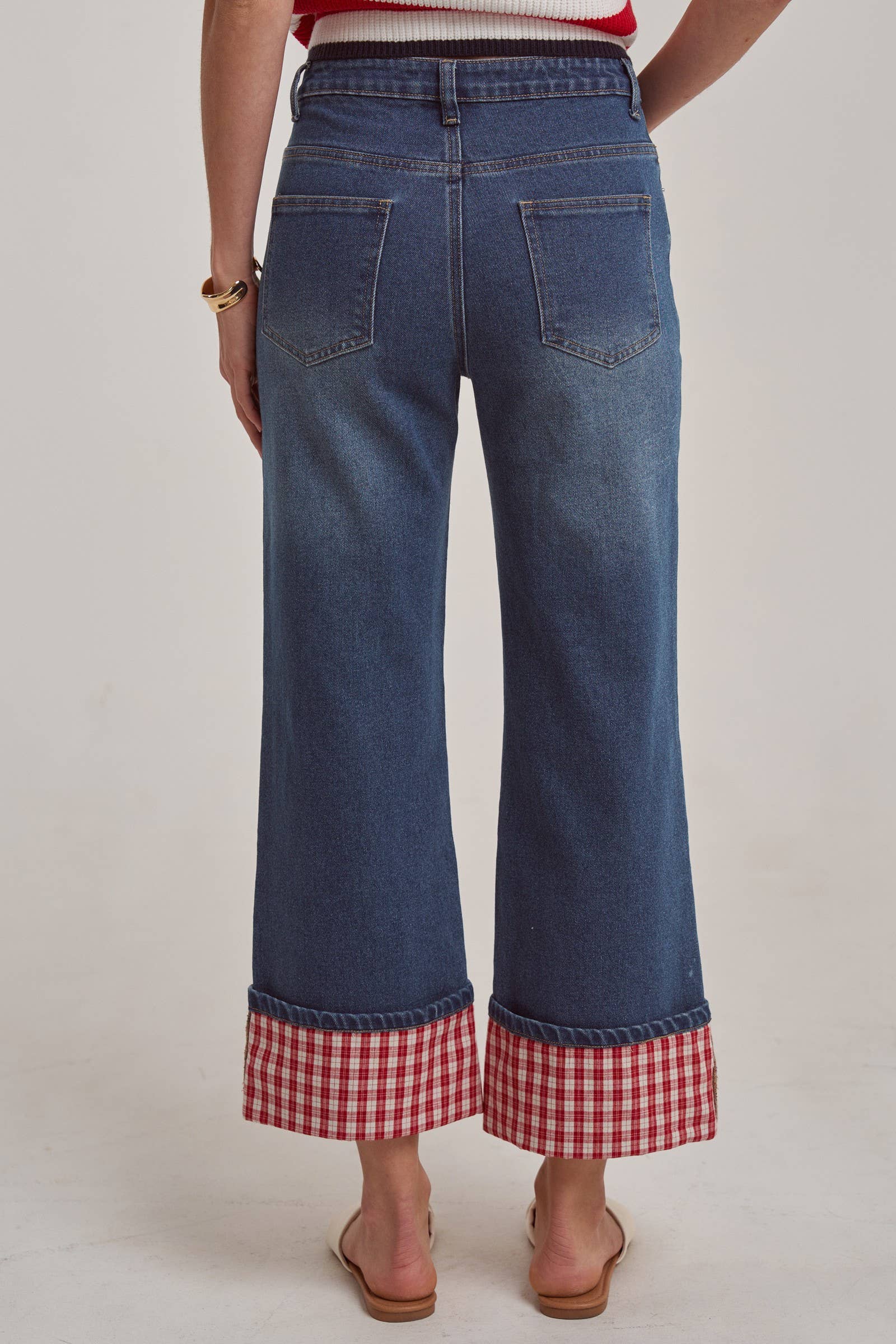 STRAIGHT LEG JEANS WITH GINGHAM CHECK CUFF HEM by BON: DENIM/RED CHECK
