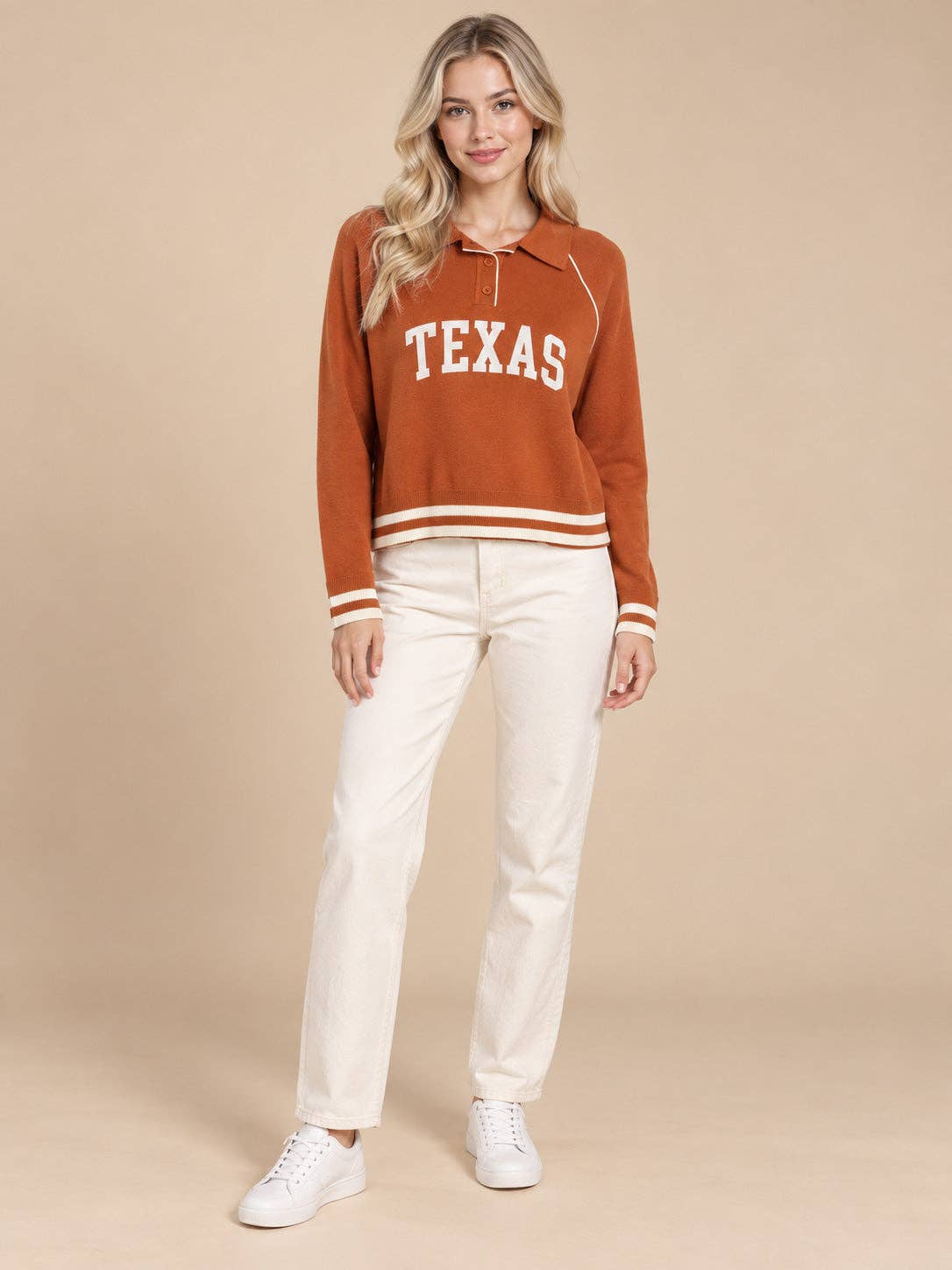 TEXAS Ace Polo Sweater: ORANGE/WHITE