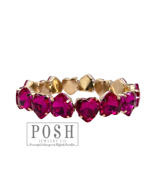 Heart rhinestone stretch bracelet, Valentines Day: Fuchsia