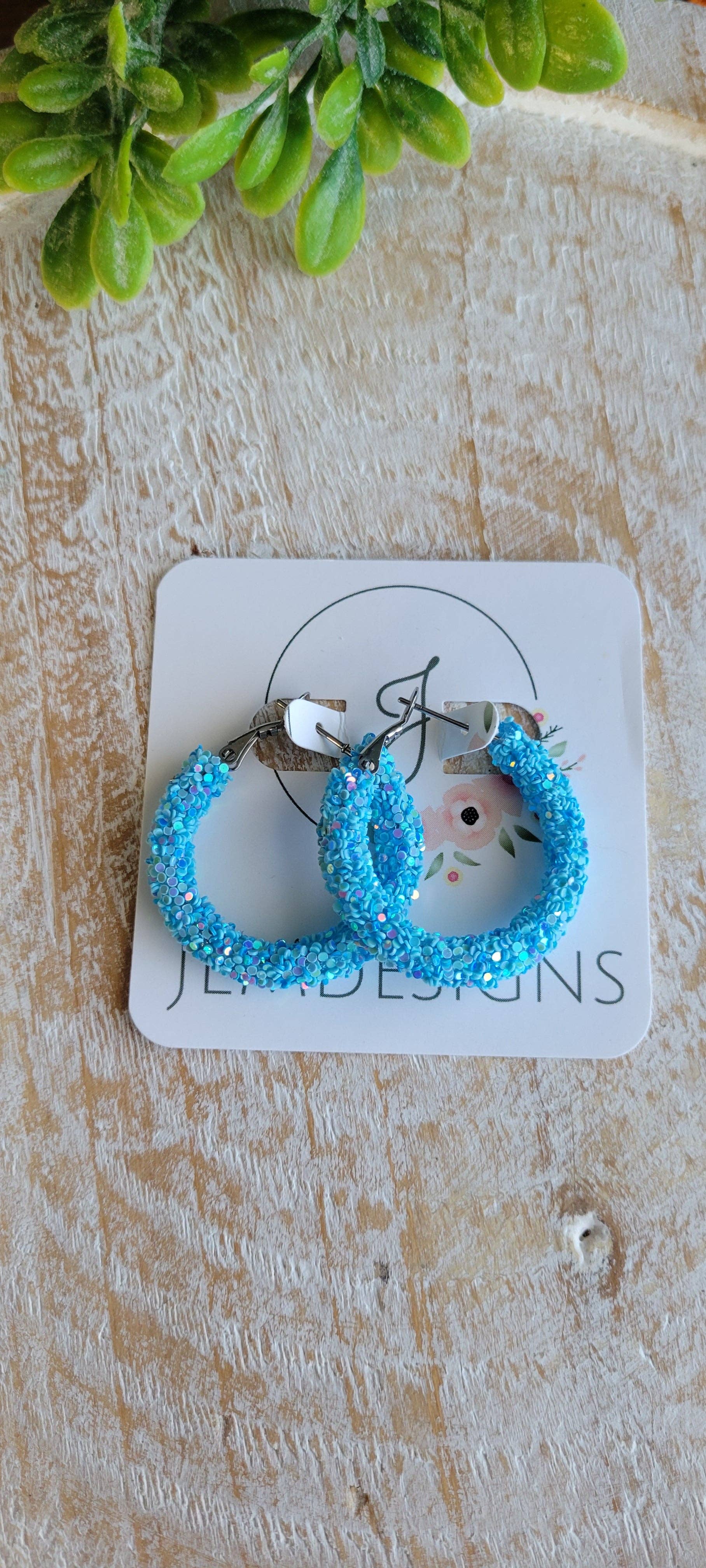Blue Glitter Hoop Earrings in small