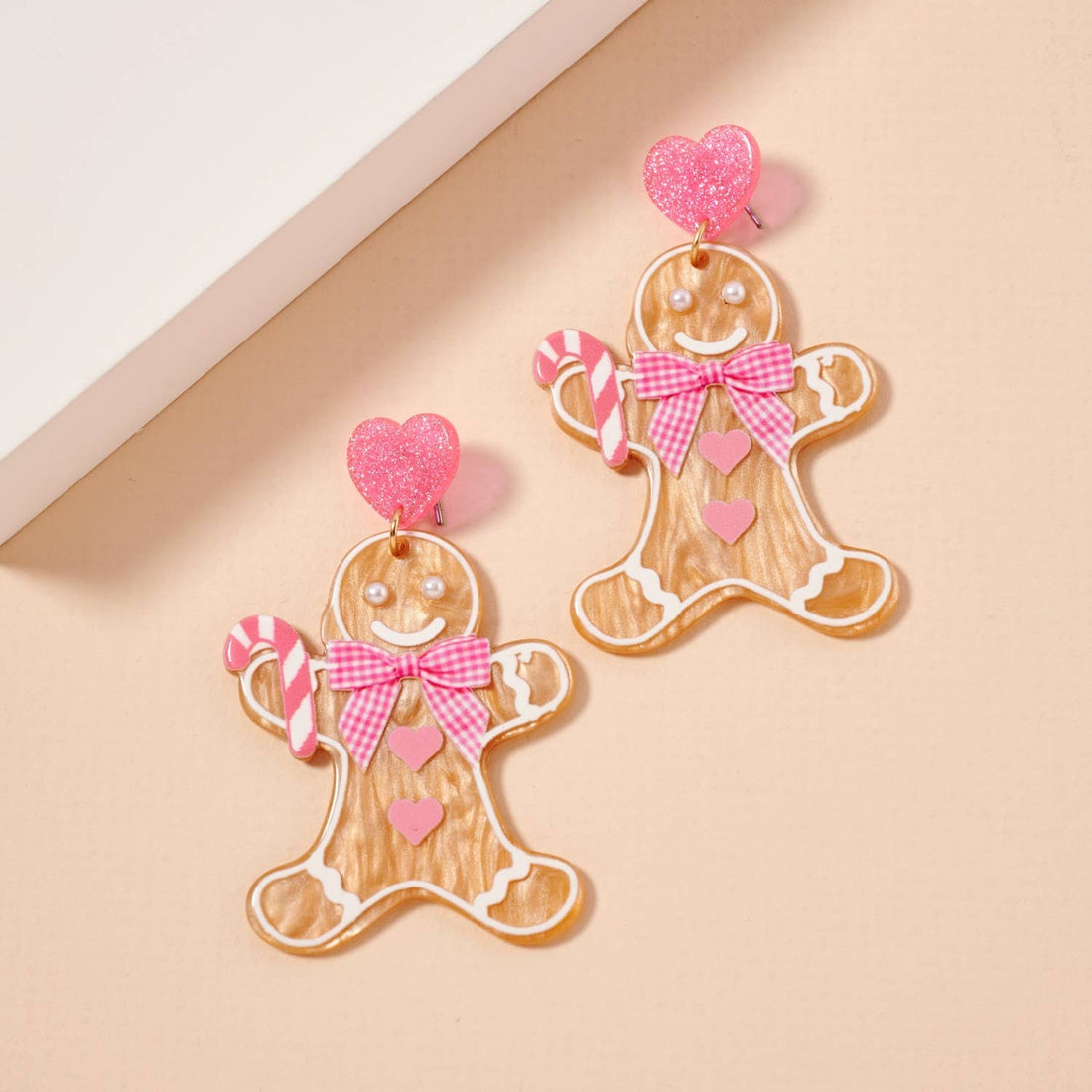 Christmas Gingerbread Man Dangling Earrings: Pink