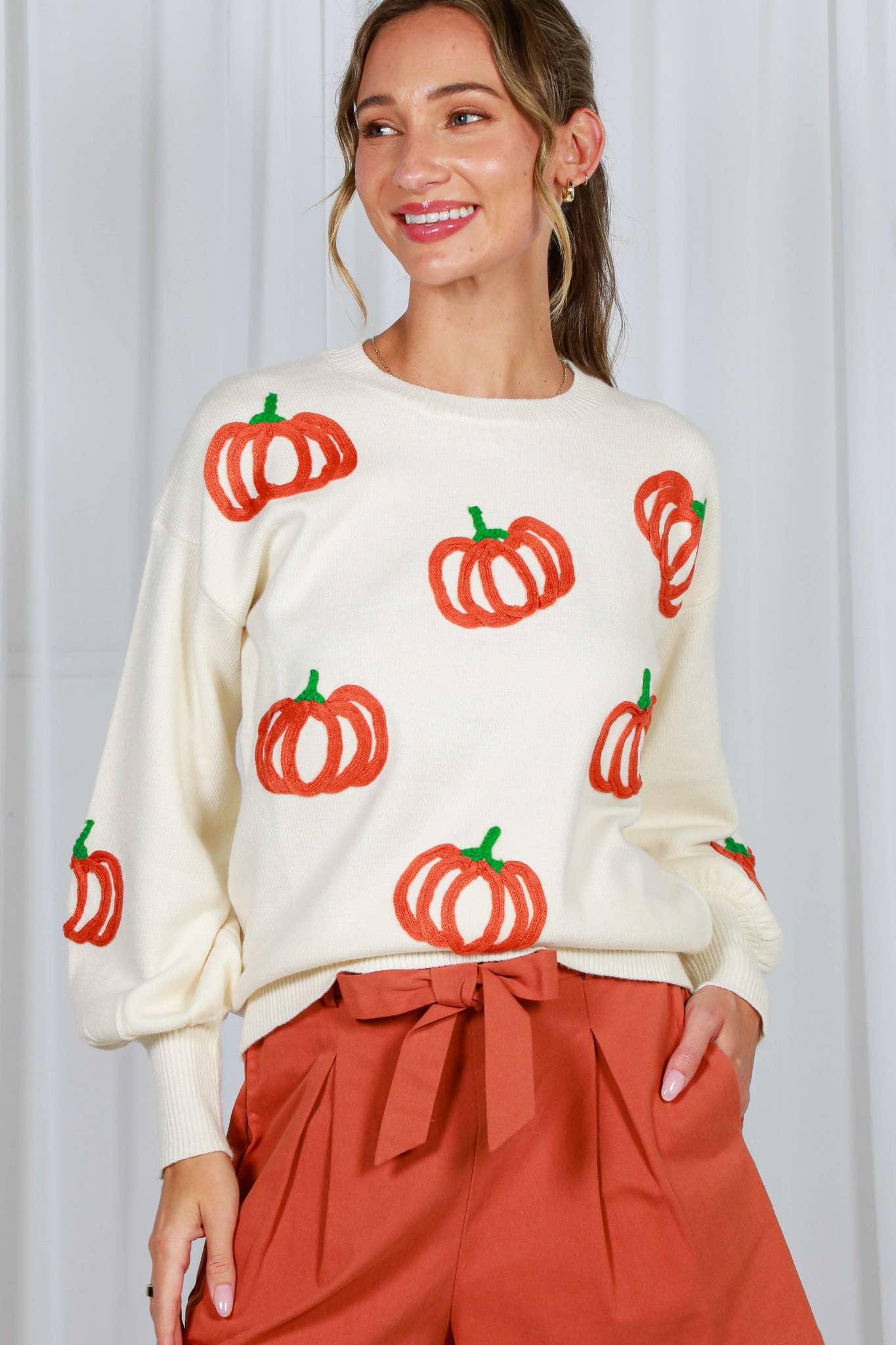 Pumpkin Embroidered Crew Neck Knitted Sweater Top VT82559: Pumpkin / L