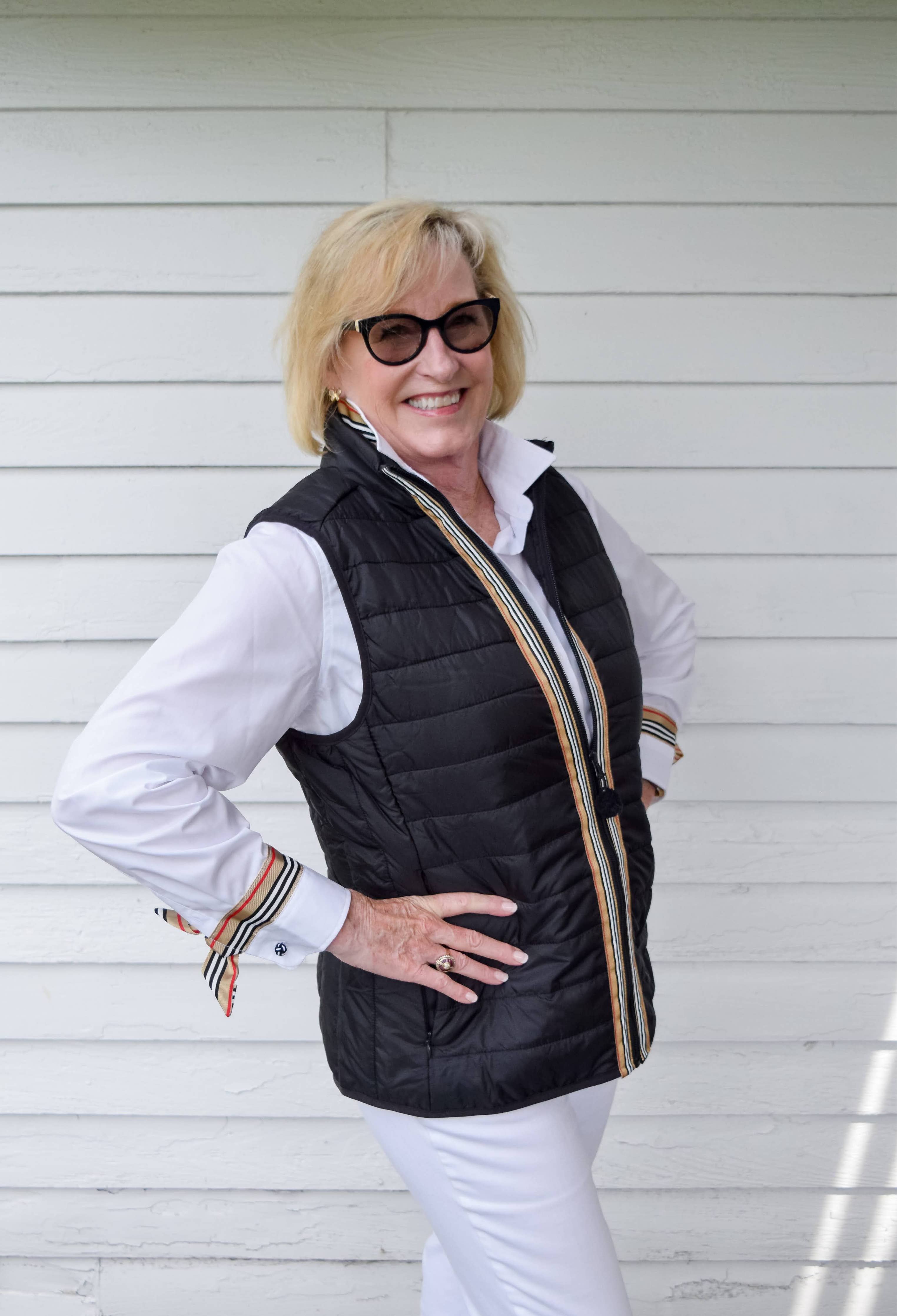 Audrey White Button Down Shirt with Khaki Stripe Ribbon: White w Kayla Khaki Stripe Ribbon / M
