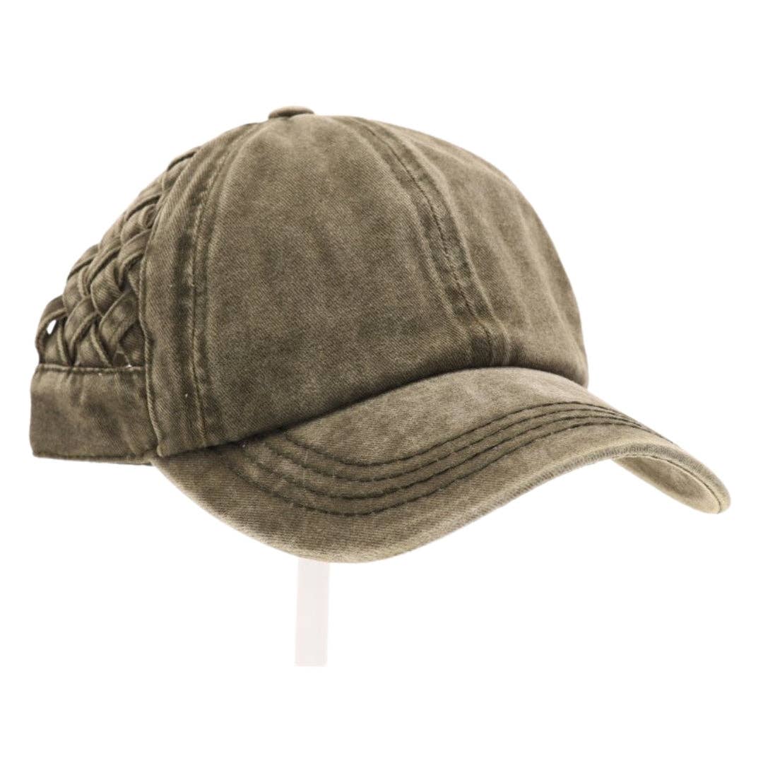 Basket Woven Criss-Cross High Ponytail CC Ball Cap BT922: Grey Camo