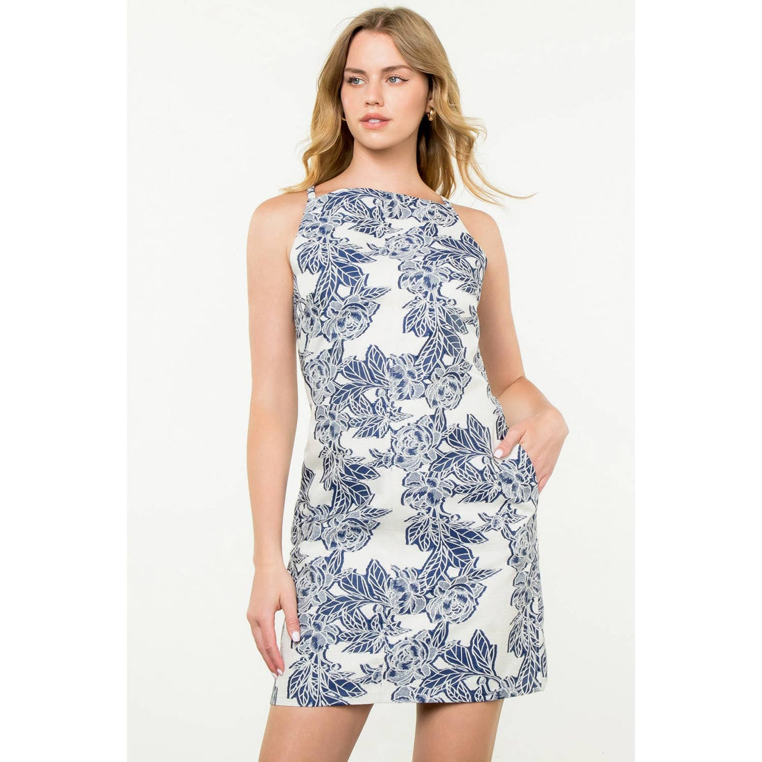 Halter Flower Embroidered Dress: NAVY / XS-S-M-L(1-2-2-1)