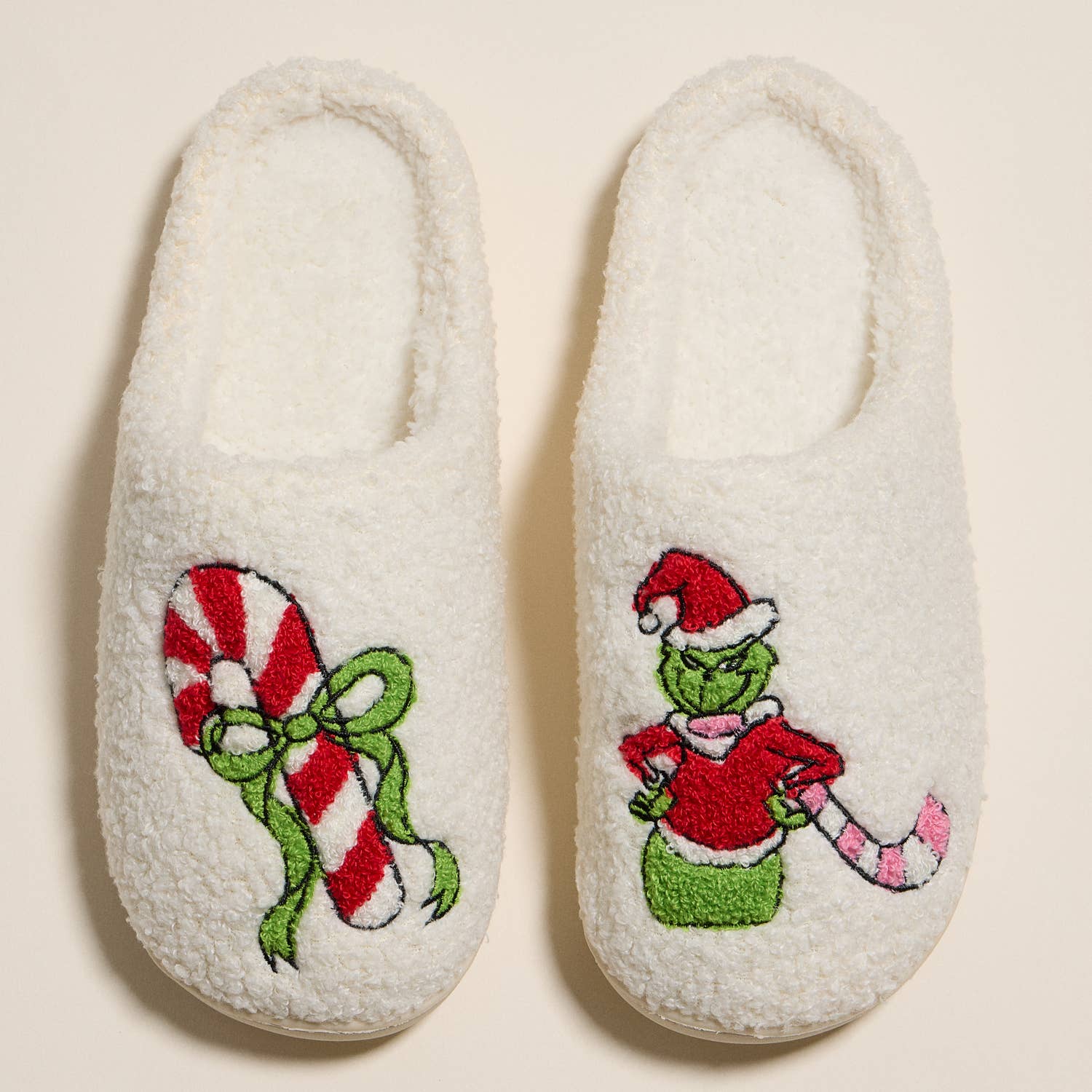 Whimsical Green Monster Slippers with Candy Cane Embroidery for Christmas Gift: IVPK / M(40-41)