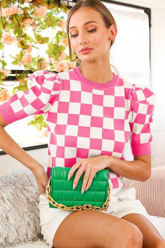 Crew Neck Short Puff Sleeve Checkerboard Sweater Top VT81345: RUST / S