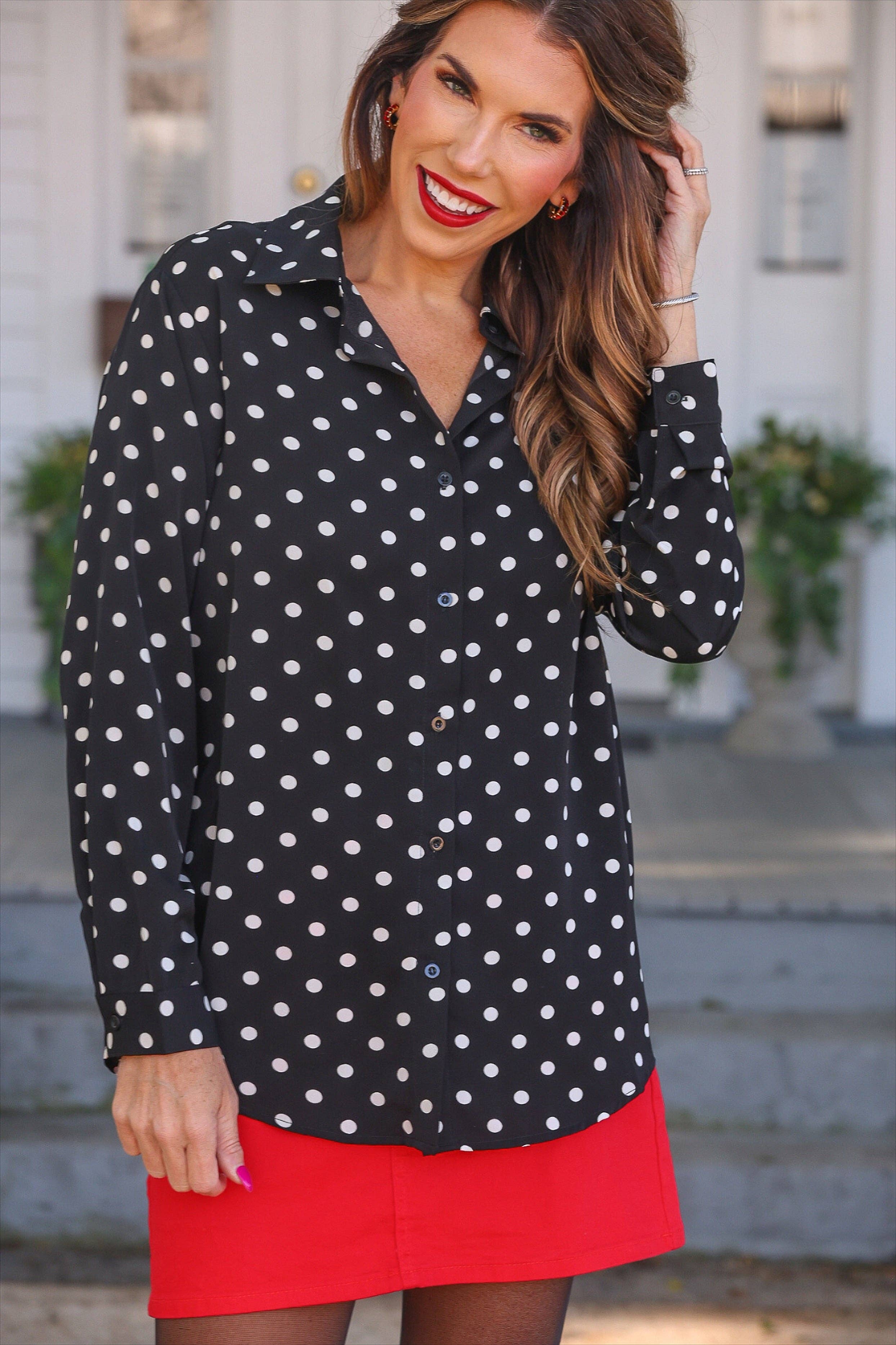 Nina Button Up Tunic by Jess Lea- After Dark Polka Dot: Black