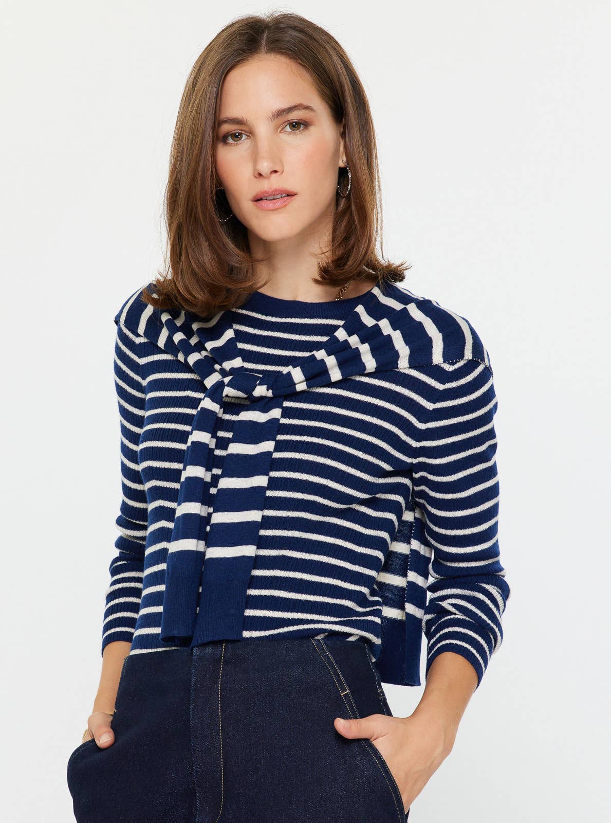Striped Long Sleeve Sweater W/faux Cardigan by Current Air: Navy Stripe