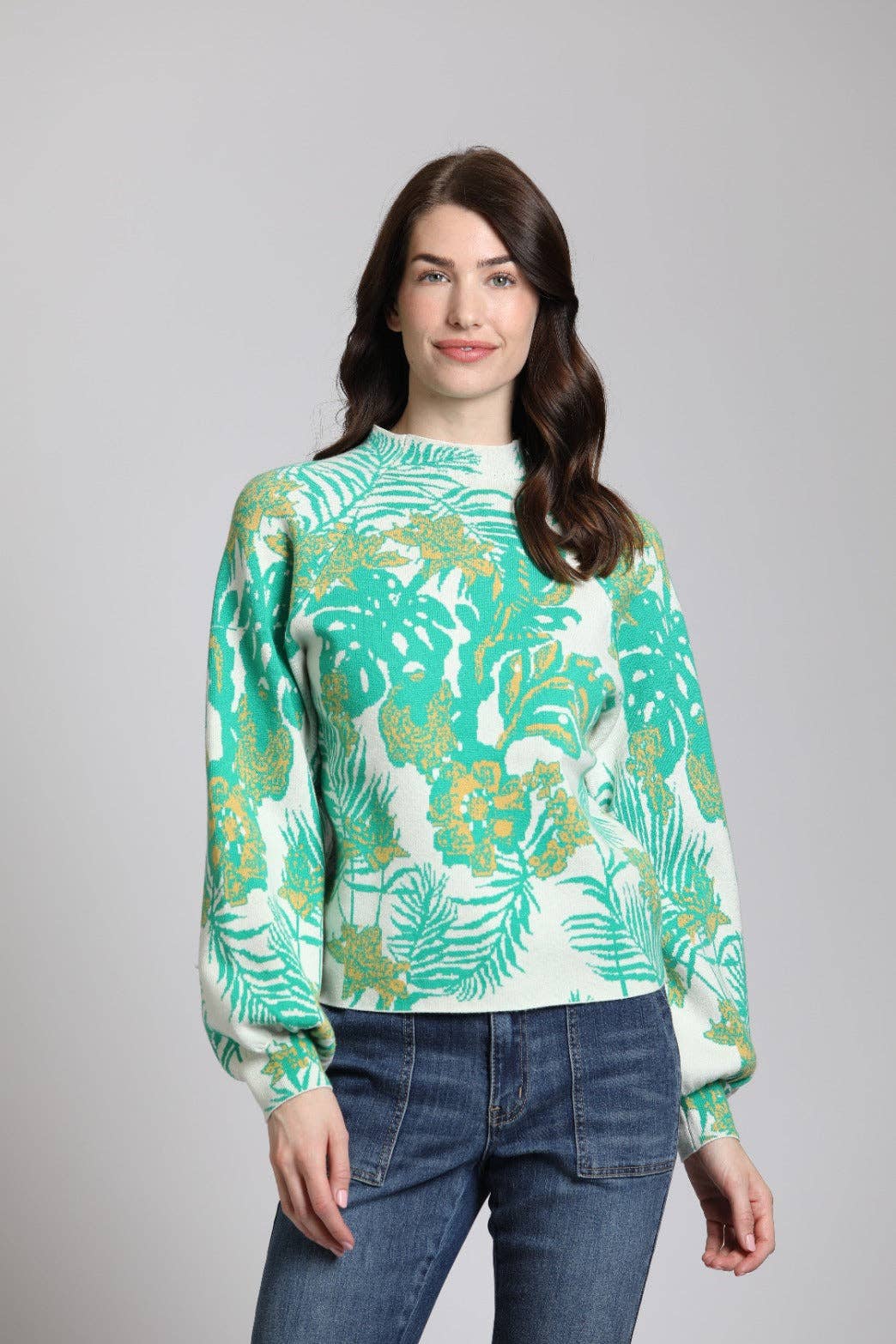 Ivory Foliage Sweater w/Puff Sleeve: MULTI / S