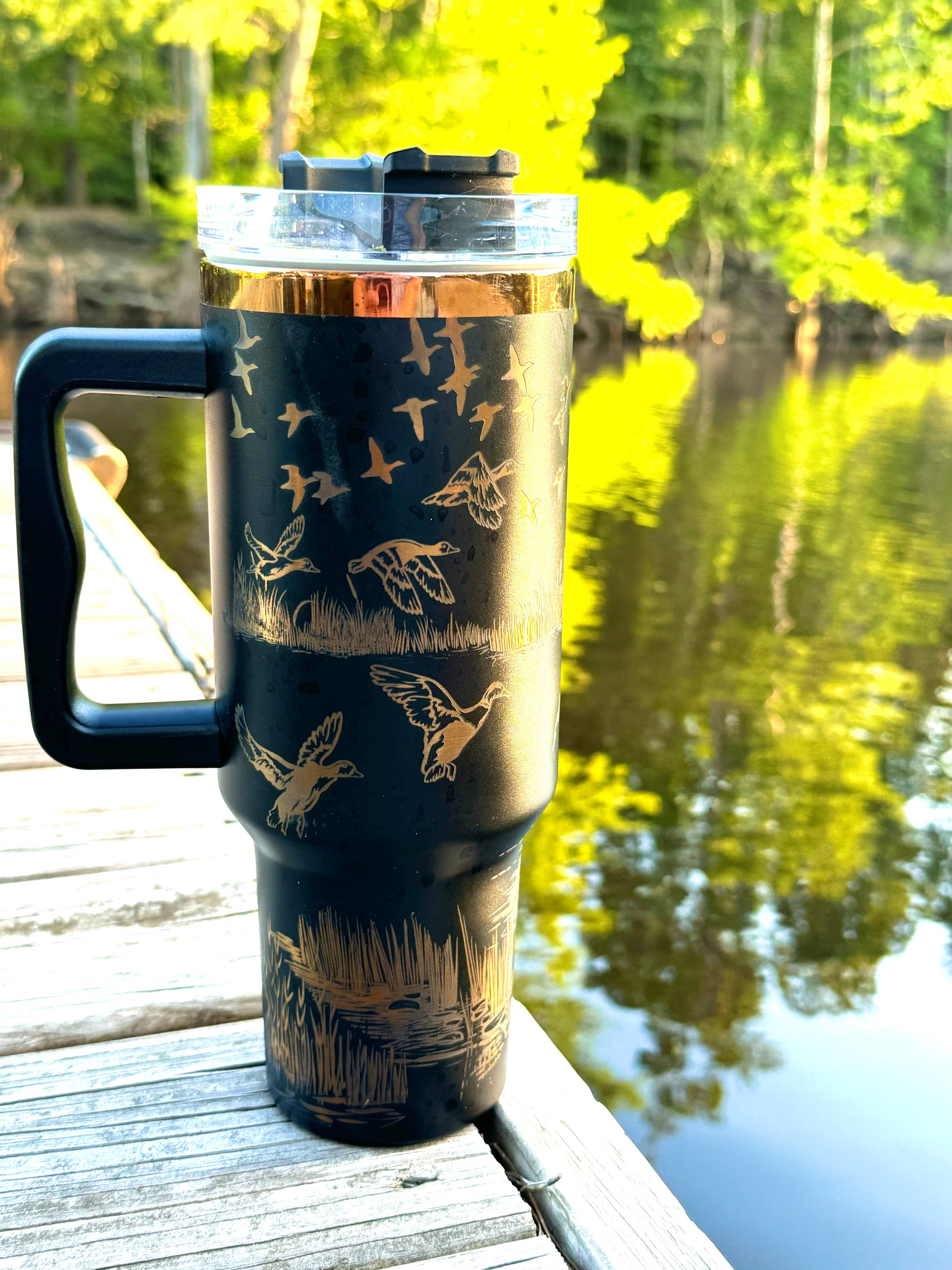 Duck Hunters paradise tumbler | Laser Engraved Wildlife Design | Hot & Cold Drink Insulation | Durable Hunting Gift for Duck Hunters: Black 40 oz tumbler