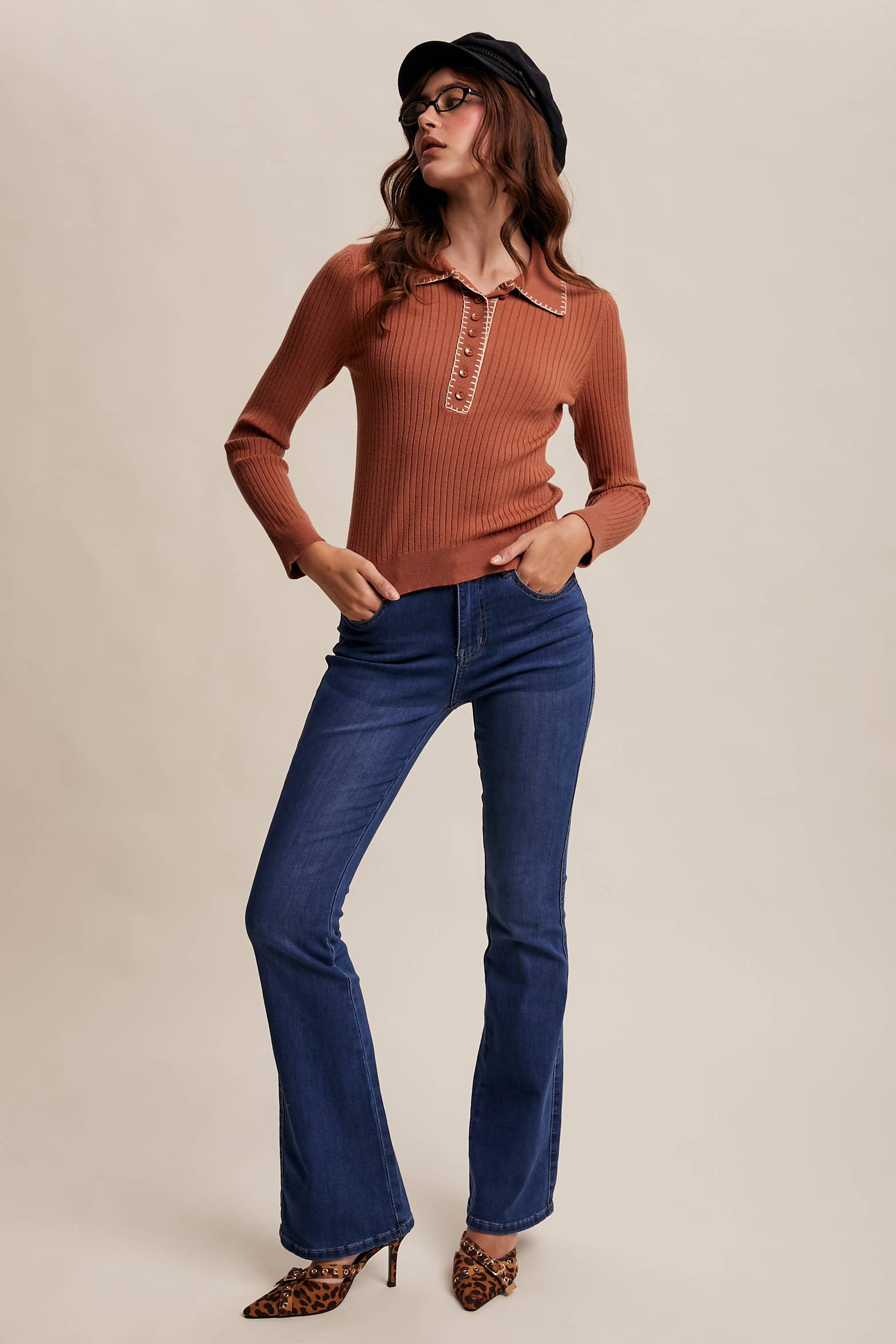 Contrast Stitch Ribbed Knit Top LSW0998: Black / M