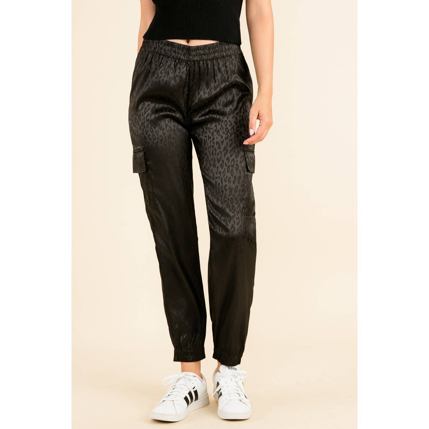 THML Black Cheetah Print Jogger Pants with Side Pockets: BLACK