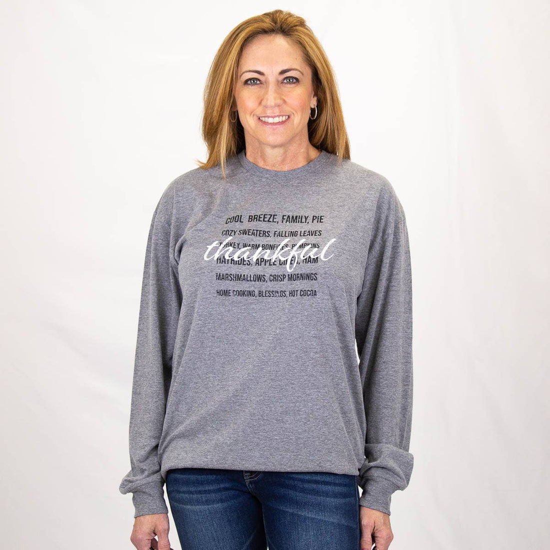 Reasons To Be Thankful Long Sleeve Crew Neck T-Shirt Gray/Black/White -Asst.: Small