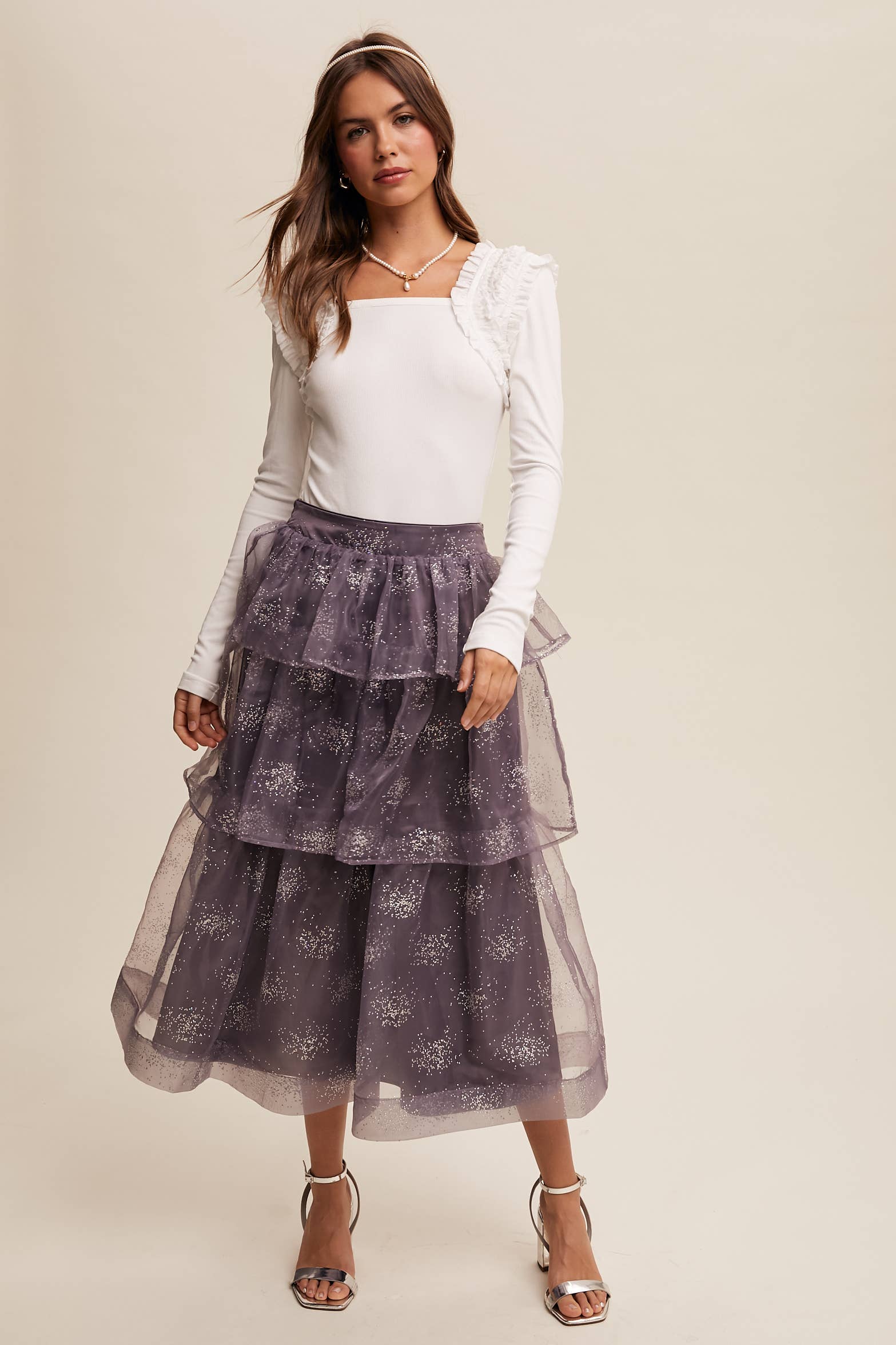 Square Neck Ruffle Accent Top: Black / M
