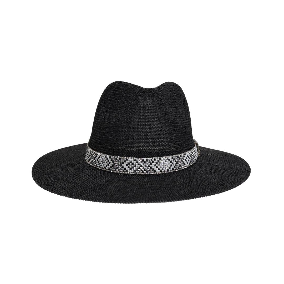 Knit Seed Bead/Rhinestone Band Panama Hat KPC0001: White