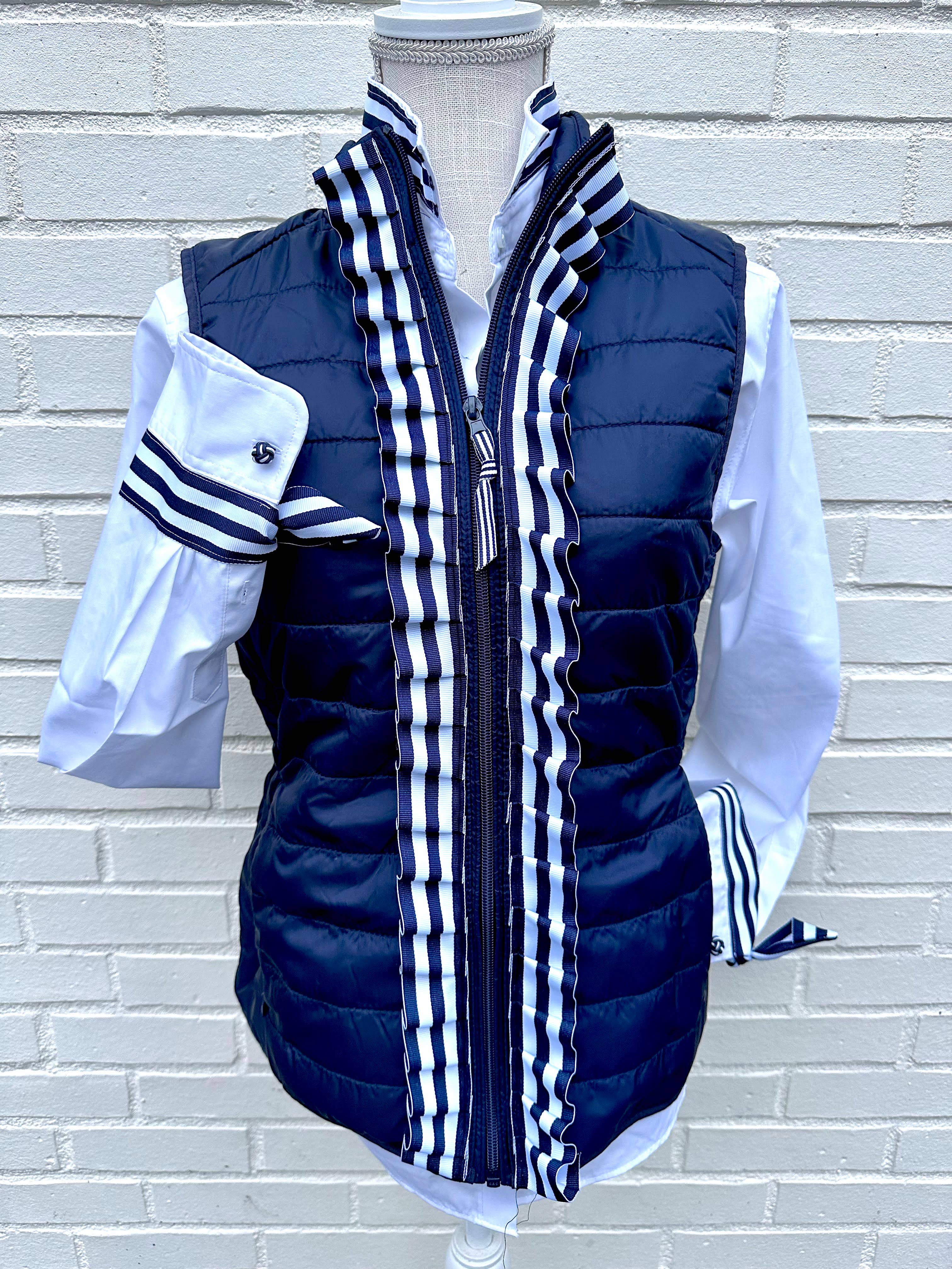 Maggie May Ruffle Puffer Vest - Navy w Navy & White Ribbon: Navy w Navy White Stripe Ruffle Ribbon / M