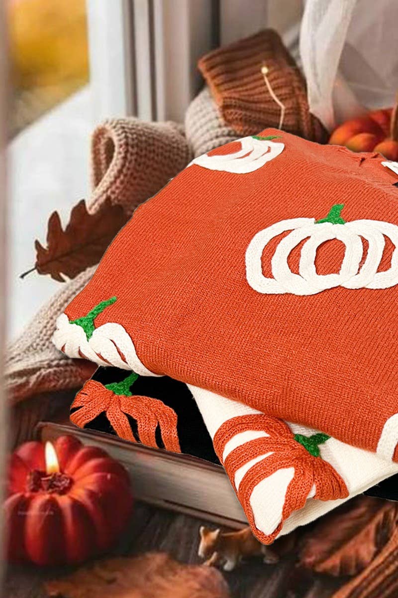 Pumpkin Embroidered Crew Neck Knitted Sweater Top VT82559: Pumpkin / L