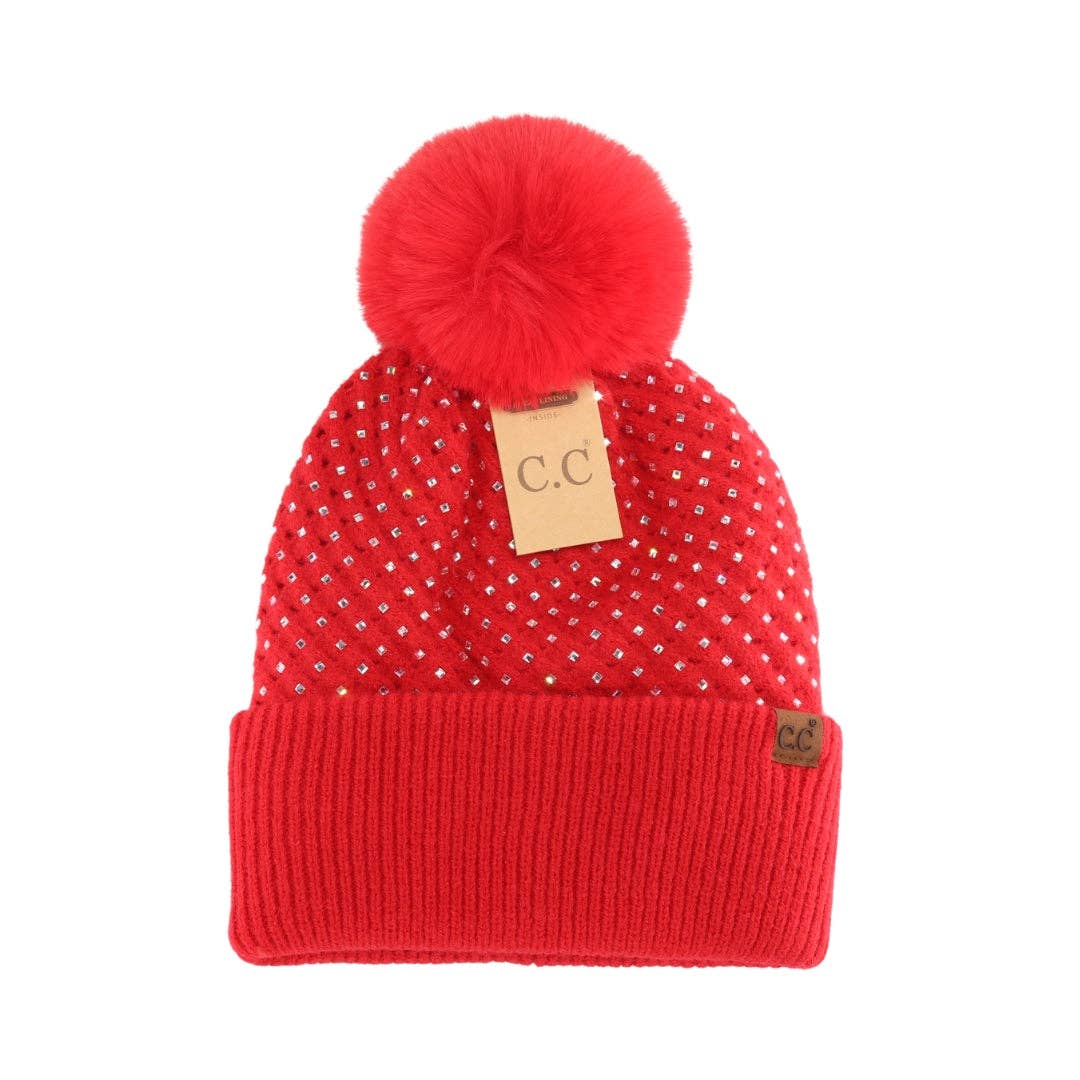 Allover Rhinestone C.C Fur Pom Beanie Black