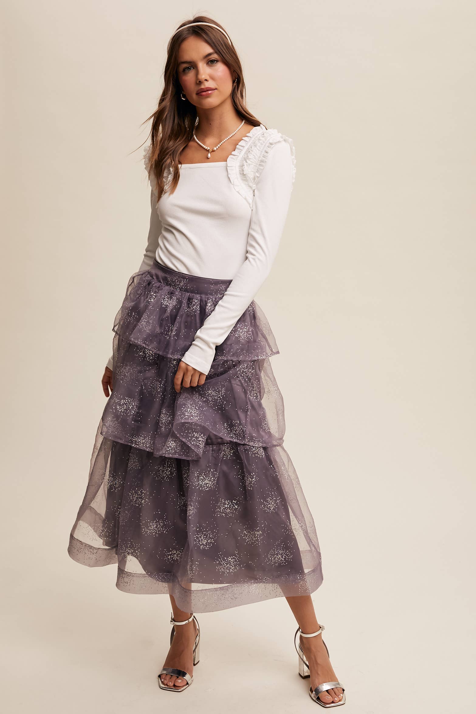 Square Neck Ruffle Accent Top: Black / XS