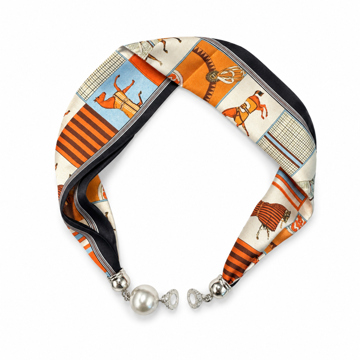 Ellison+Young Satin Twilly Scarf Necklace with Jeweled Magnetic Clasp: Blue Chain Print
