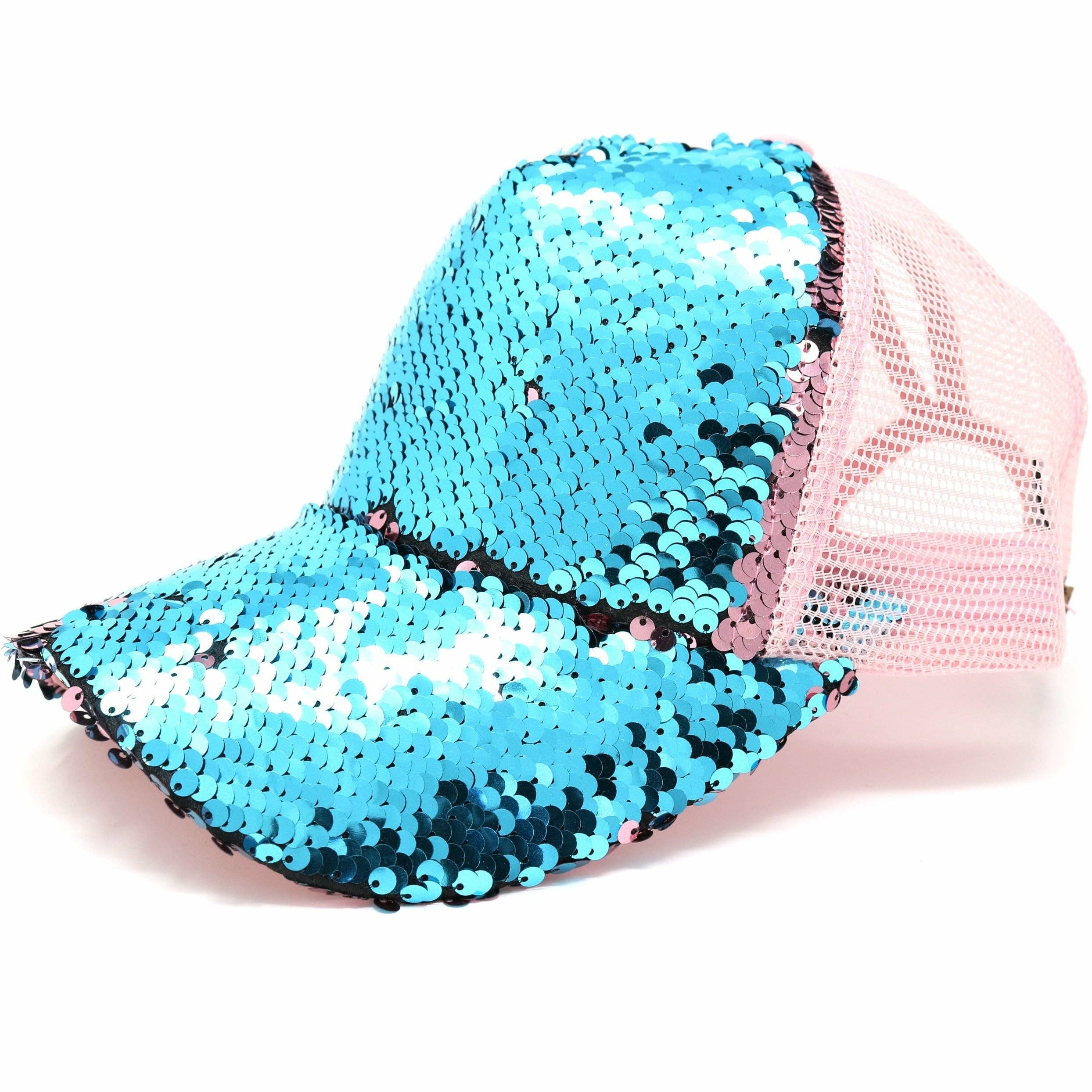 Sequin Mesh Back High Ponytail CC Ball Cap BT723: Rose/Teal/Rose