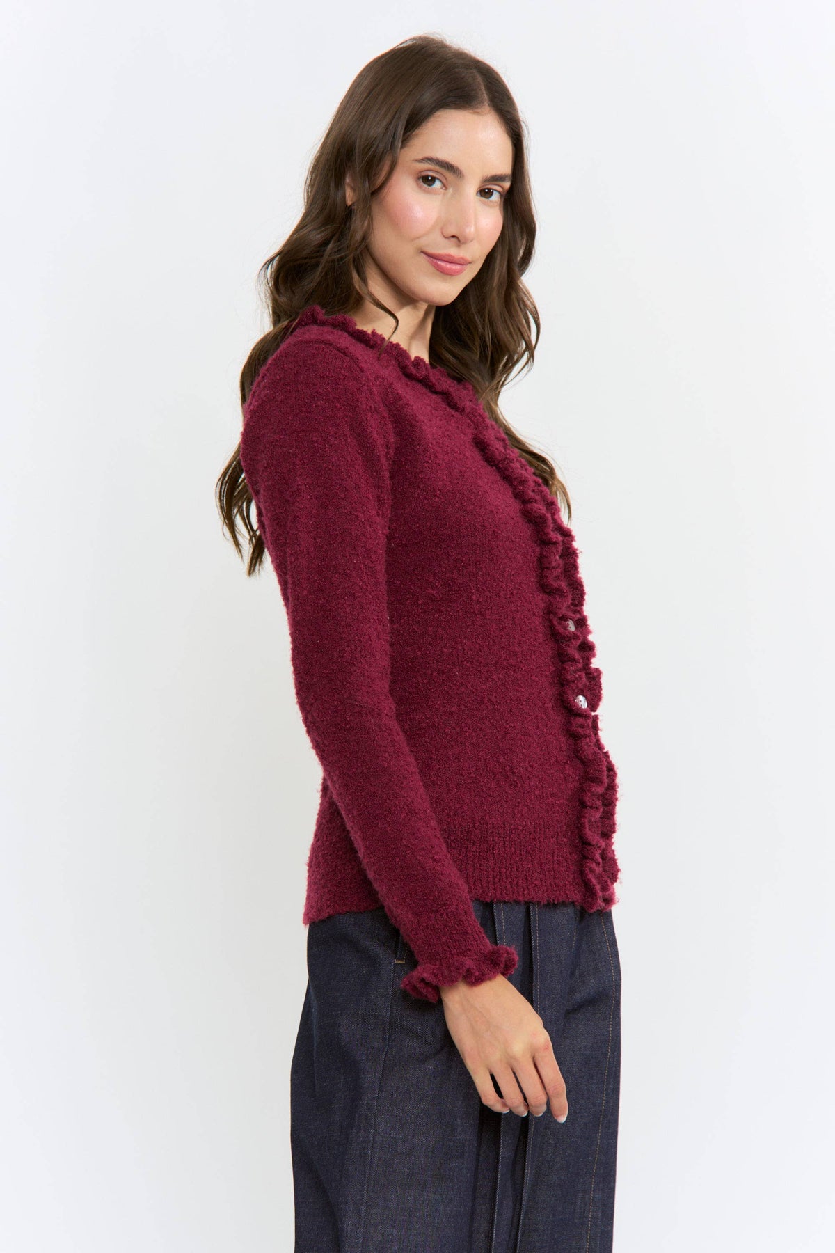 CEW26312 COZY RUFFLED-TRIMMED CARDIGAN: Burgundy / S-M-L(3-2-1)