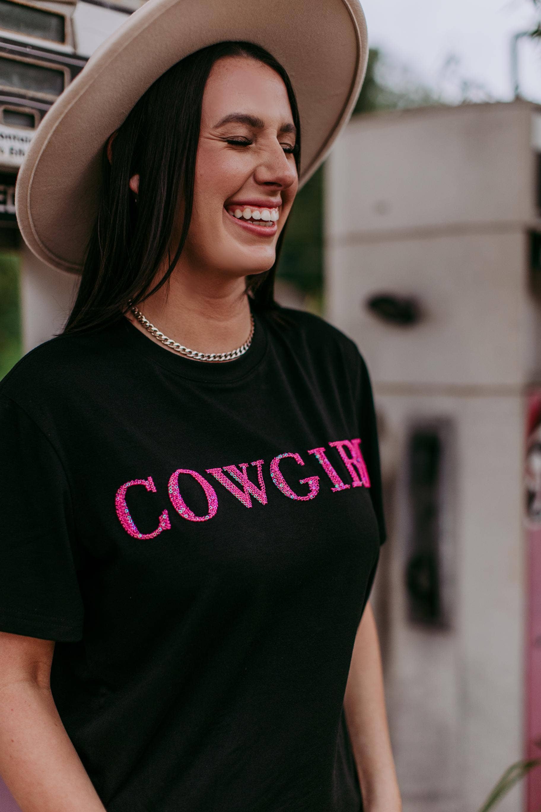 Cowgirl 3D Pink Sequin Embroidered Tee: Black