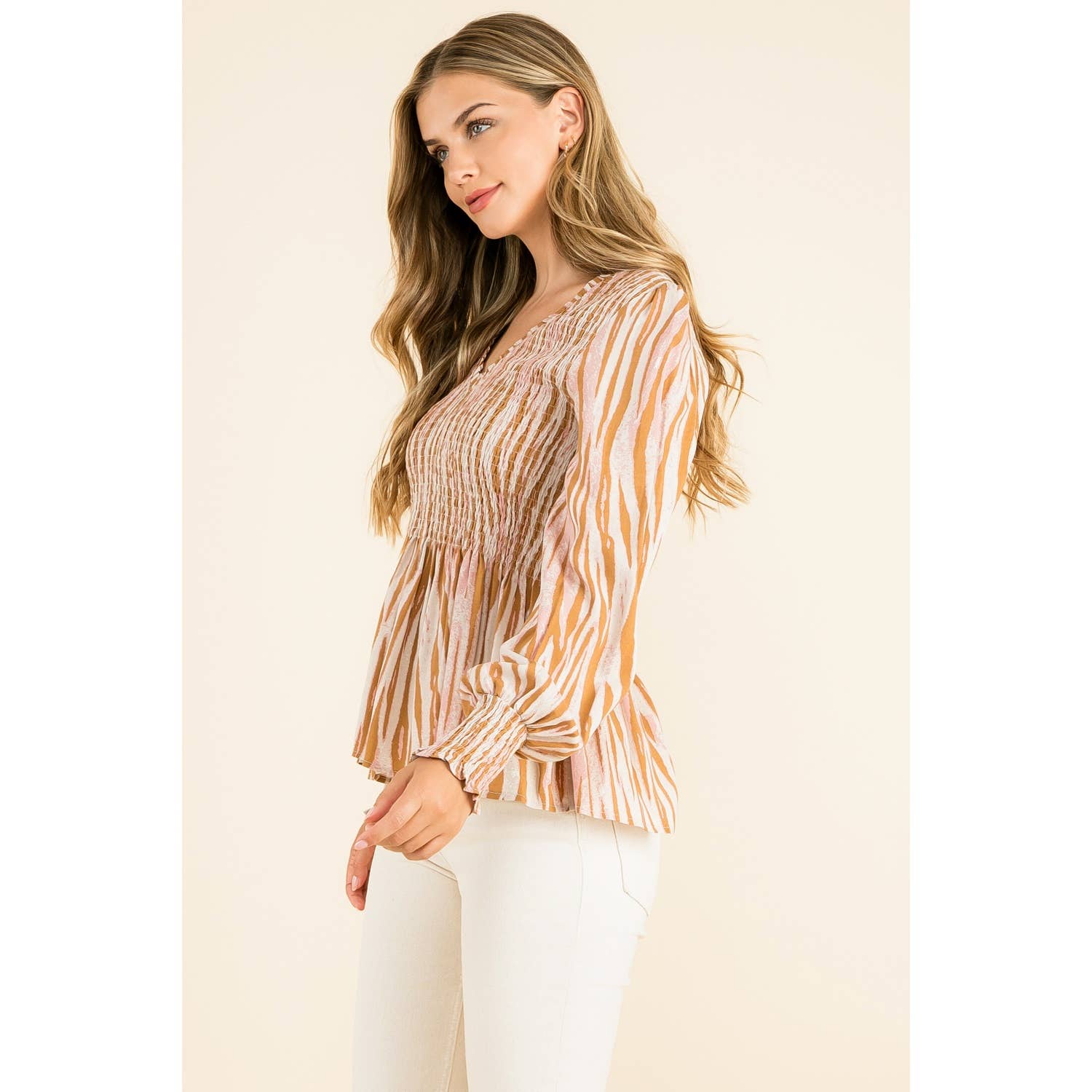 Smocked Zebra Print Top: GRAY / XS