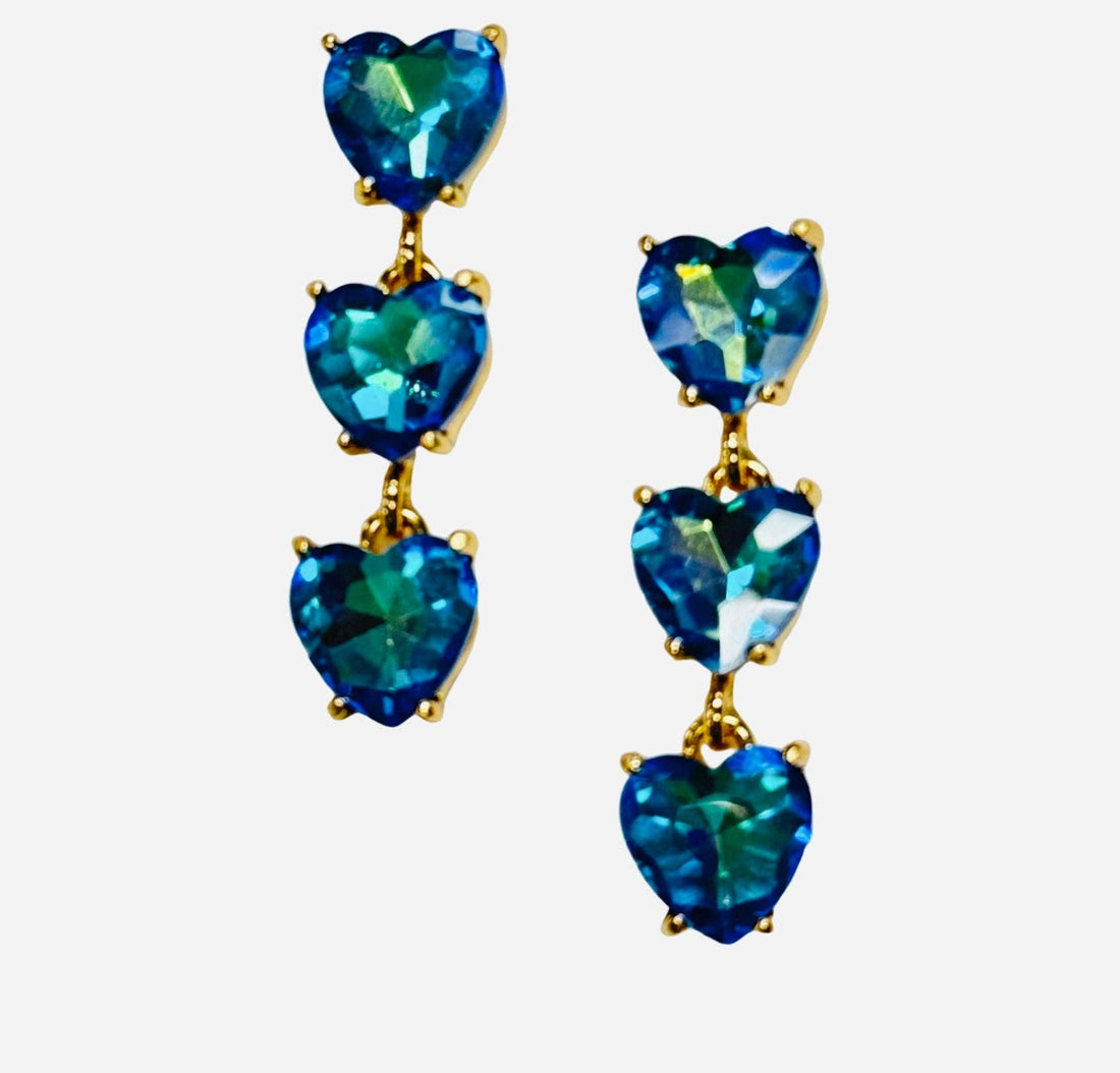Triple heart rhinestone earring: Blue