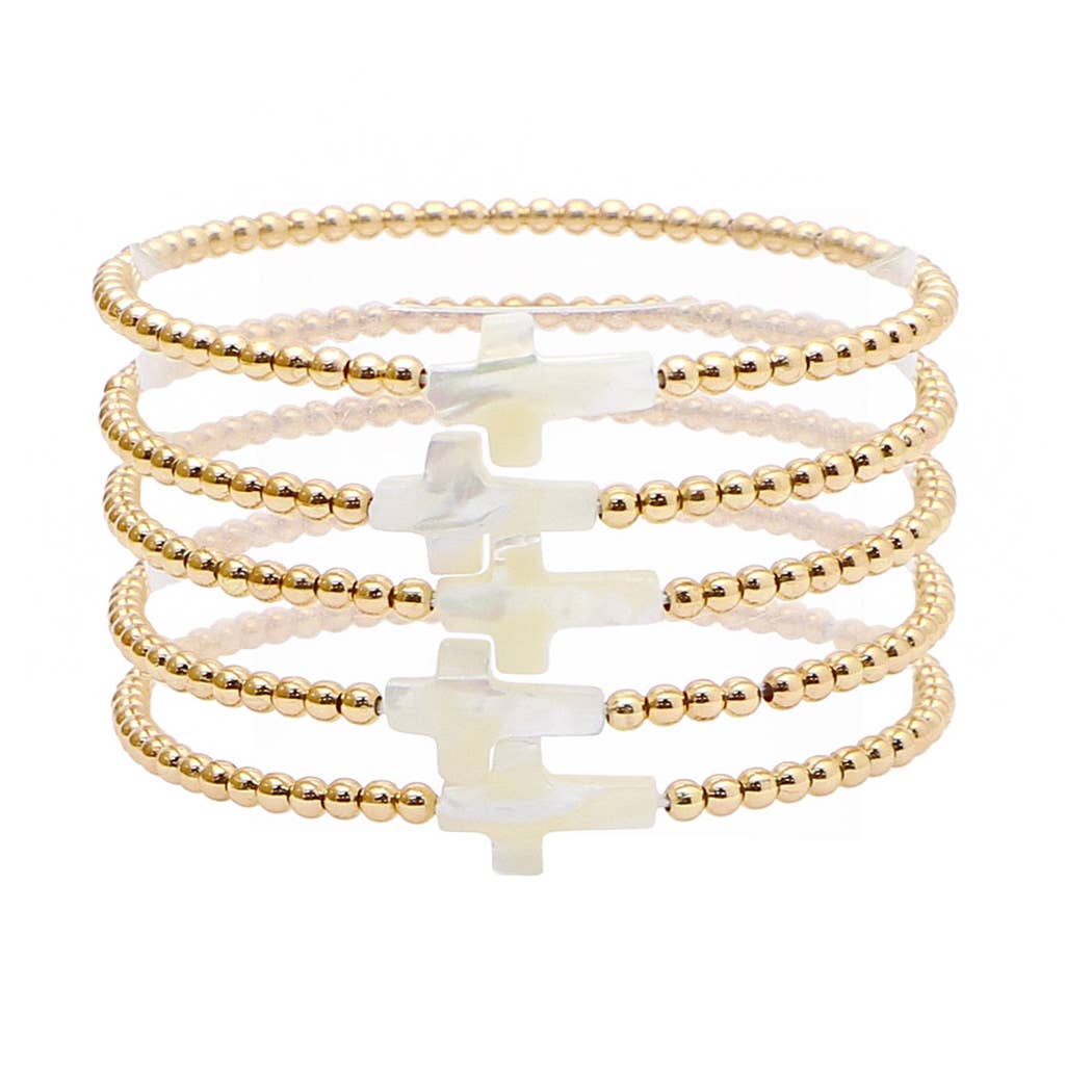 Mother of pearl cross multi layered beded stretch bracelet: Silver / ONE SIZE