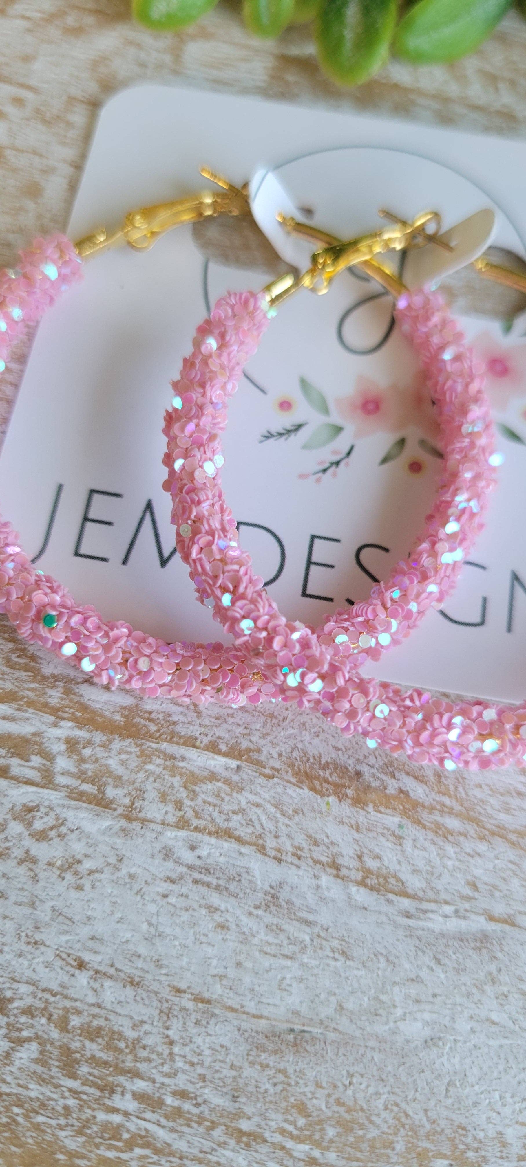 Mauve Pink Glitter Hoop Earrings: Small