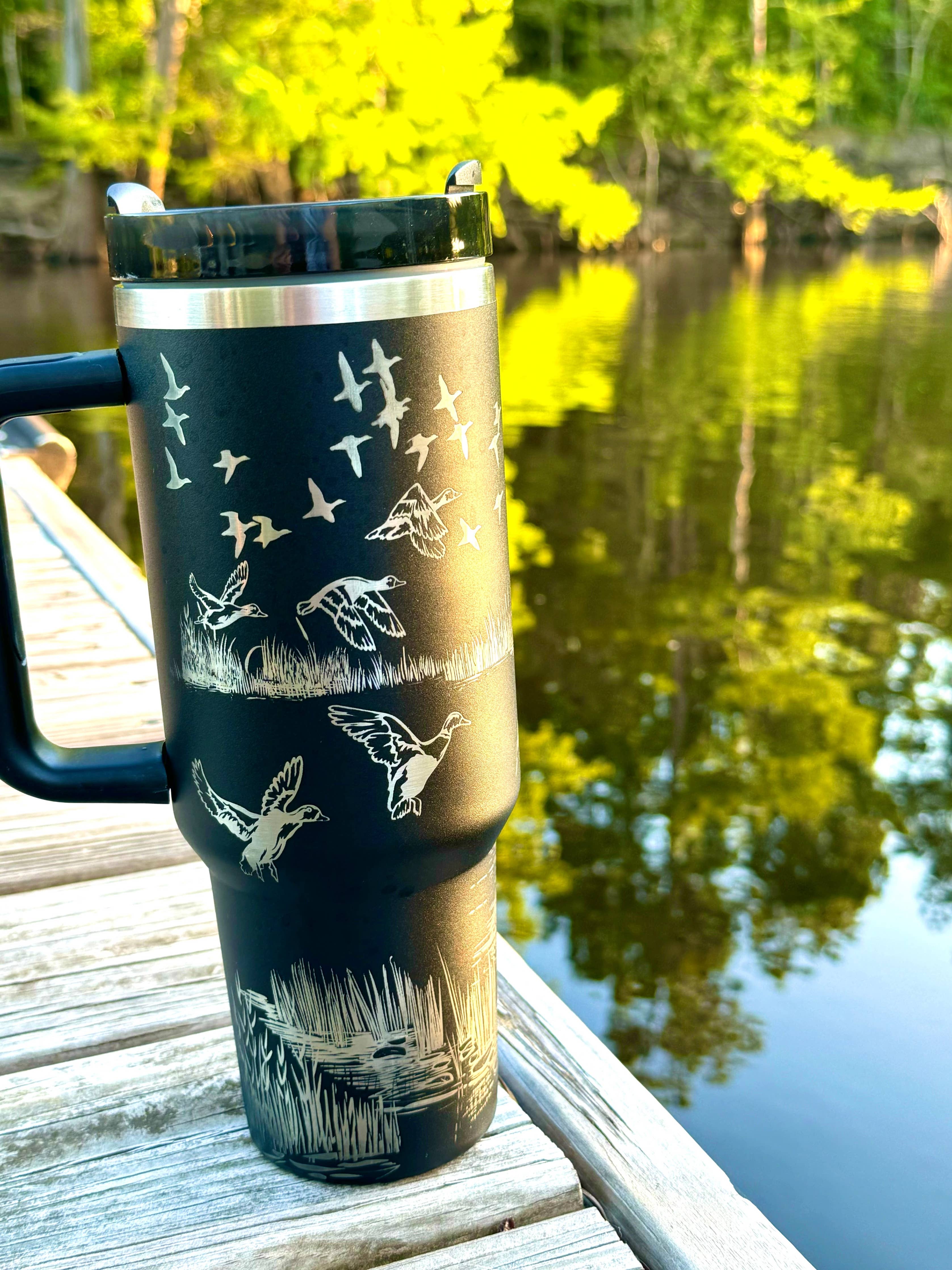 Duck Hunters paradise tumbler | Laser Engraved Wildlife Design | Hot & Cold Drink Insulation | Durable Hunting Gift for Duck Hunters: Black 40 oz tumbler