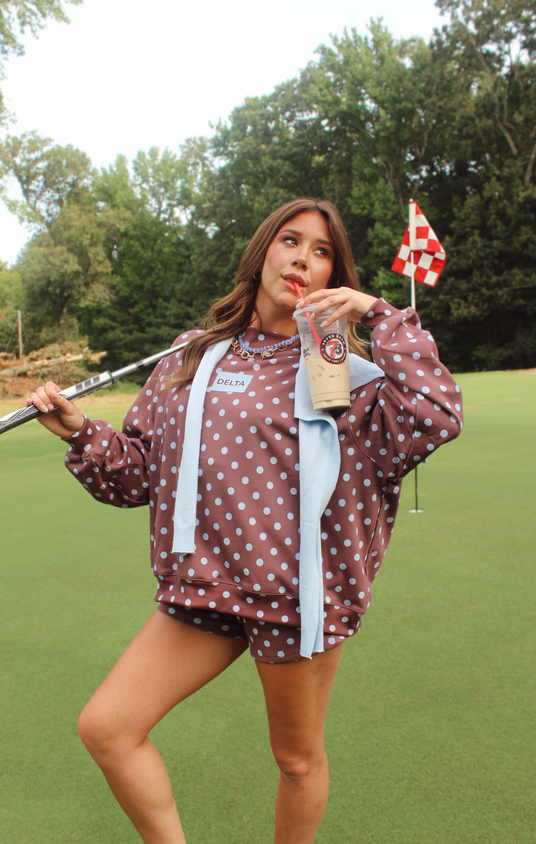 DELTA Brown & Blue Dot Delta Mockneck Set: XXS/XS