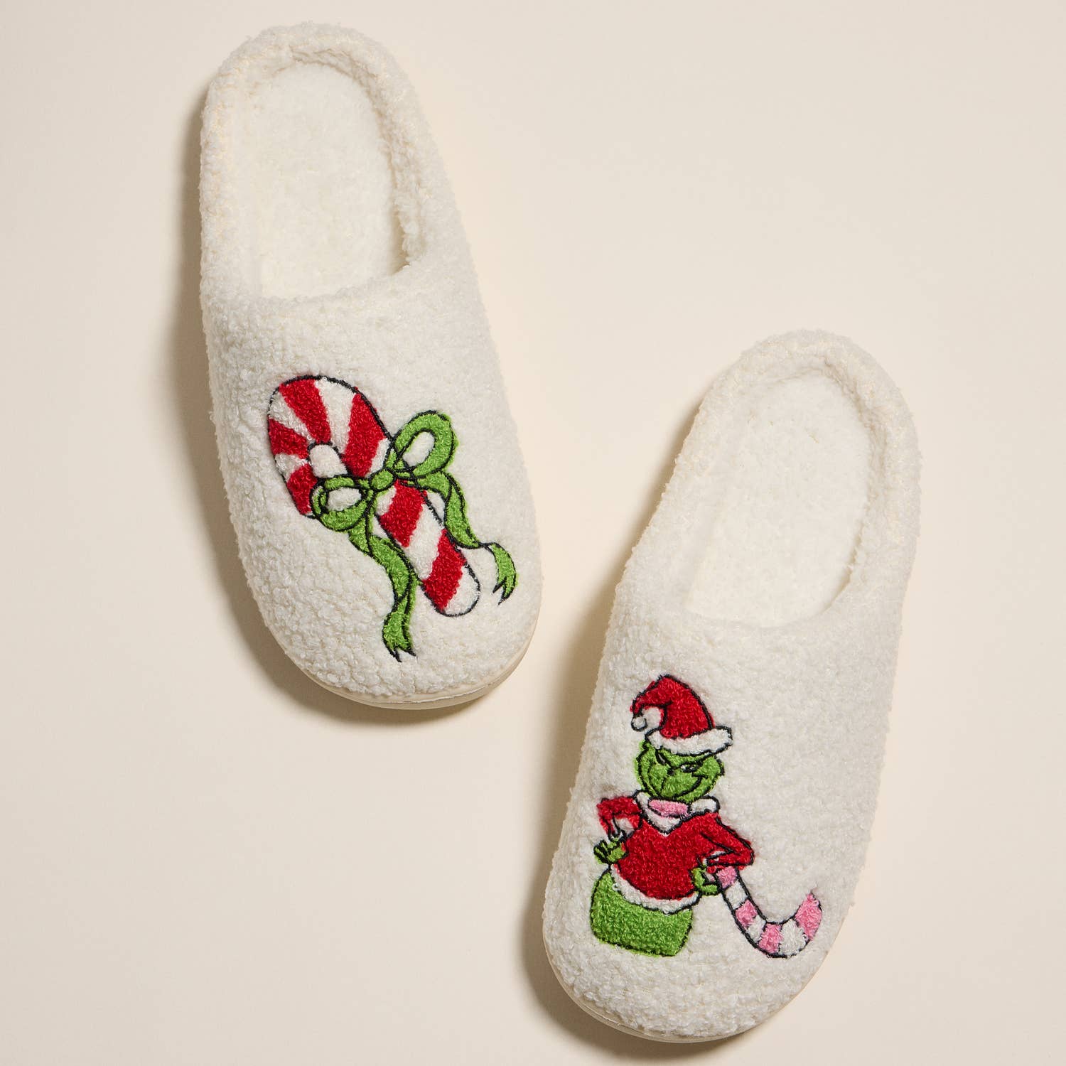 Whimsical Green Monster Slippers with Candy Cane Embroidery for Christmas Gift: IVPK / M(40-41)