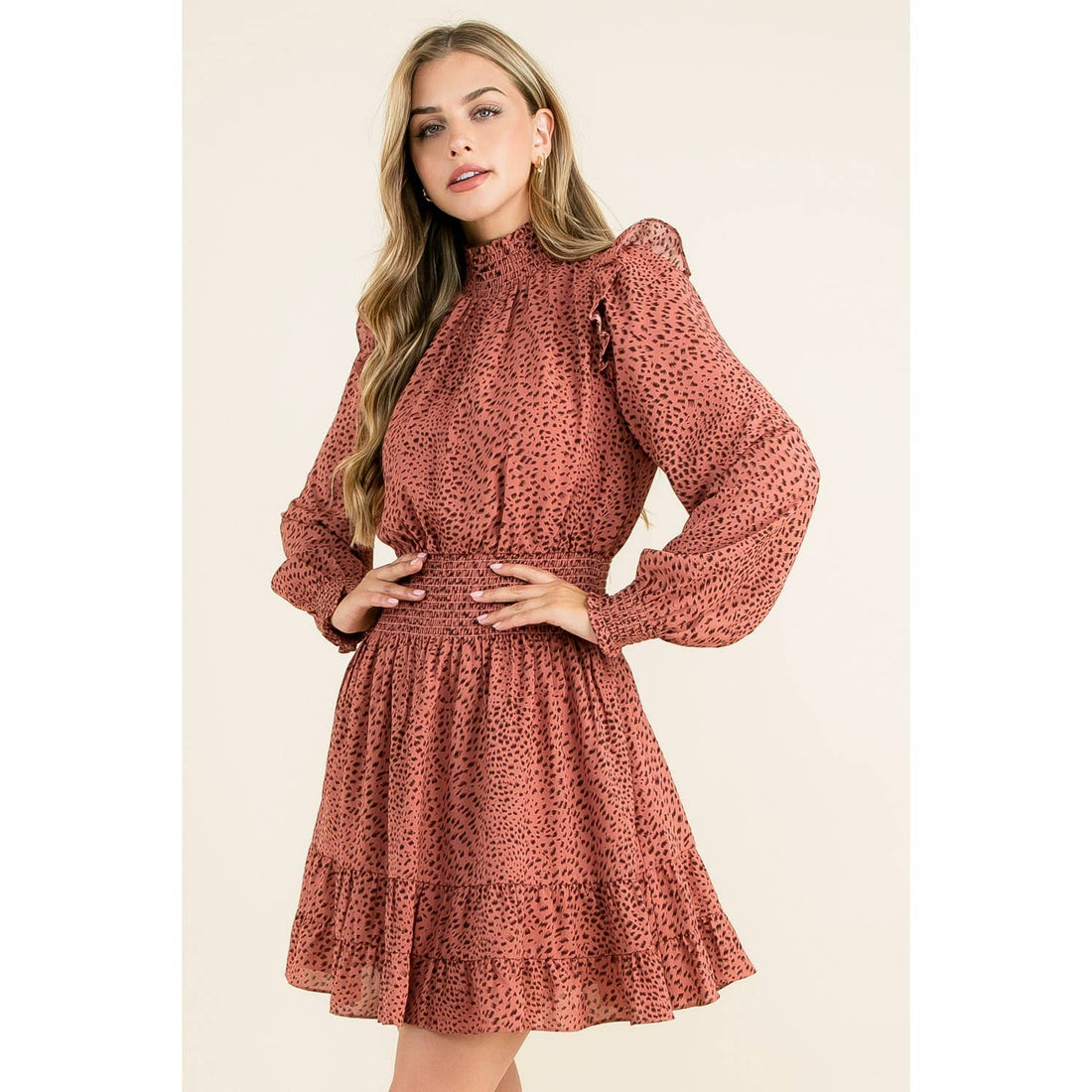 Smock Neck Ruffle Dress: MAUVE / S