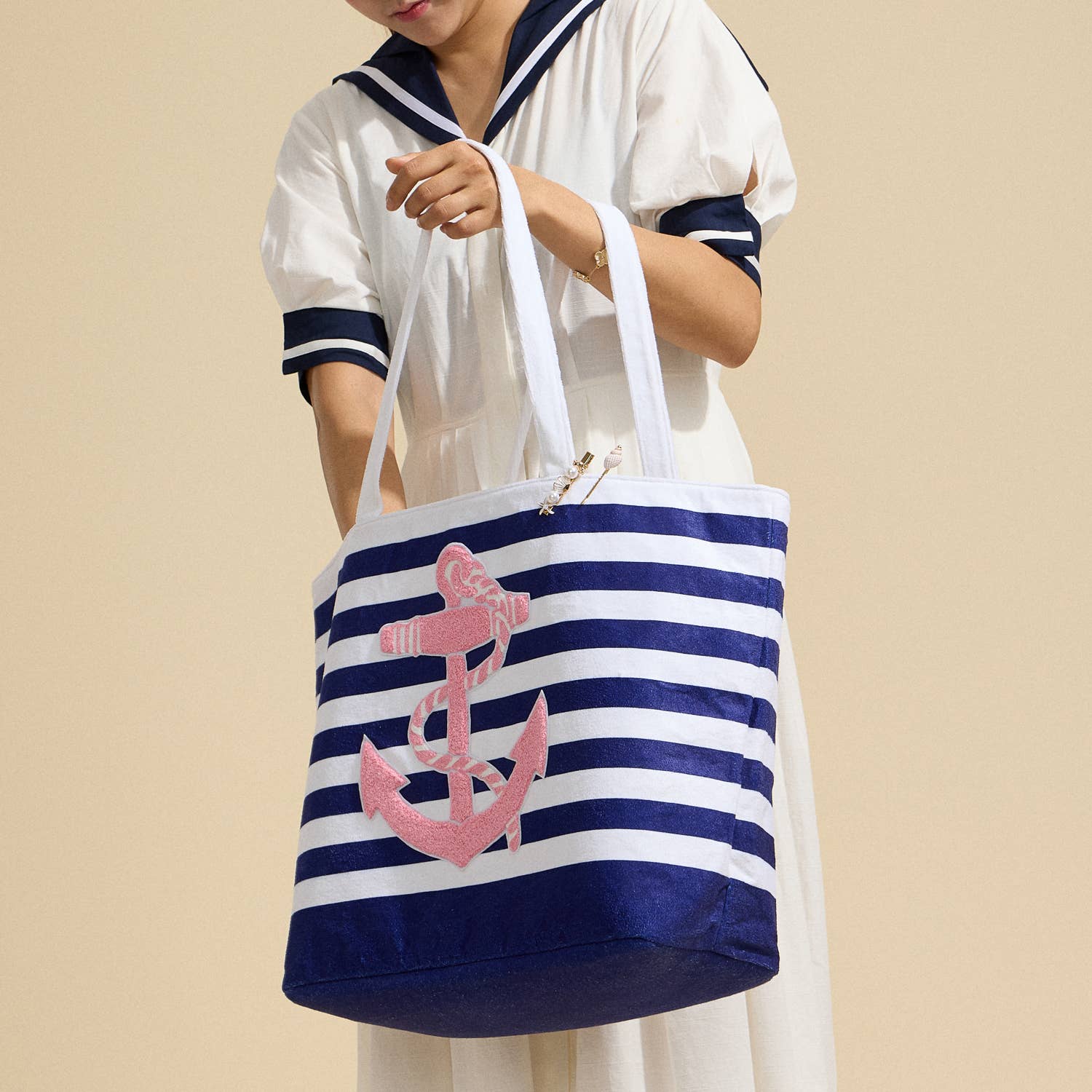 Striped Tote Bag with Anchor Design: Navy / One / 5AG78016