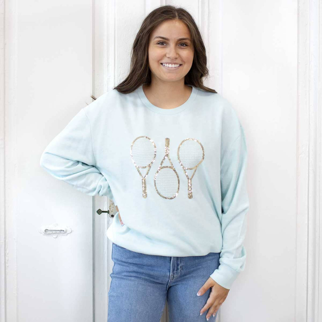 Tennis Club Sequin Sweatshirt Sky/Gold -Asst.: Small