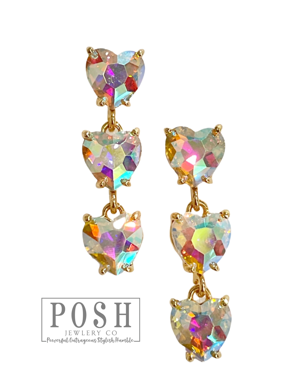Triple heart rhinestone earring: Iridescent