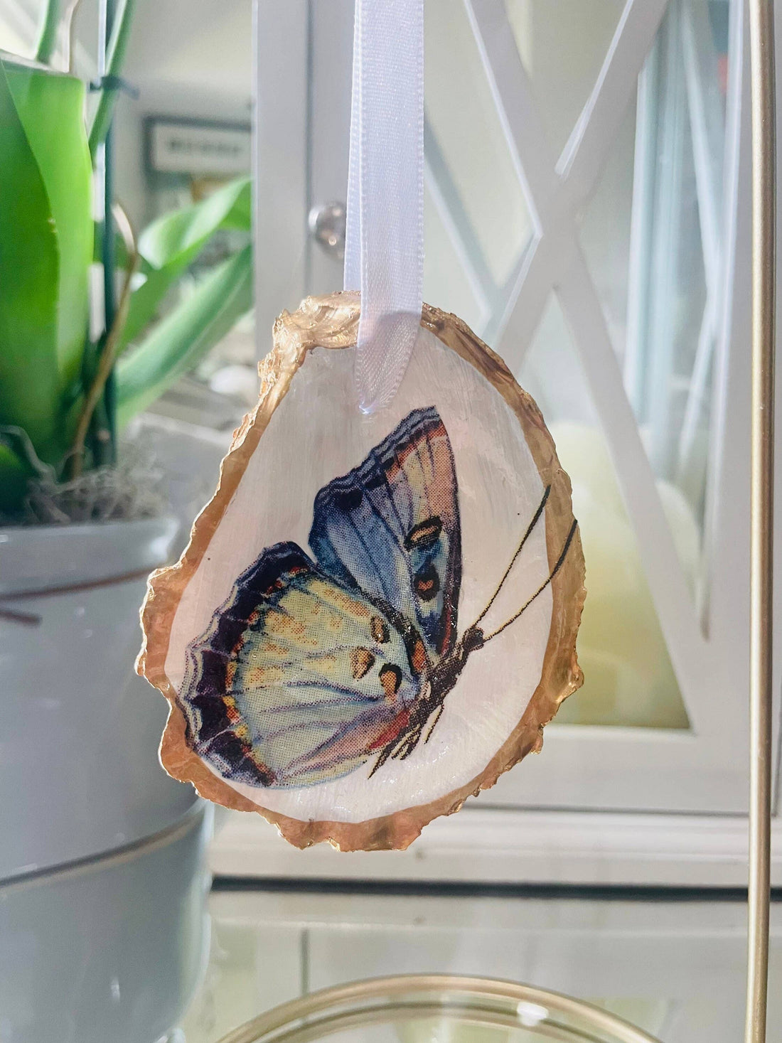 Decoupaged Butterfly Ornament, Butterfly Ornament, Oyster Shell Ornament, Christmas Ornament, Butterfly Art